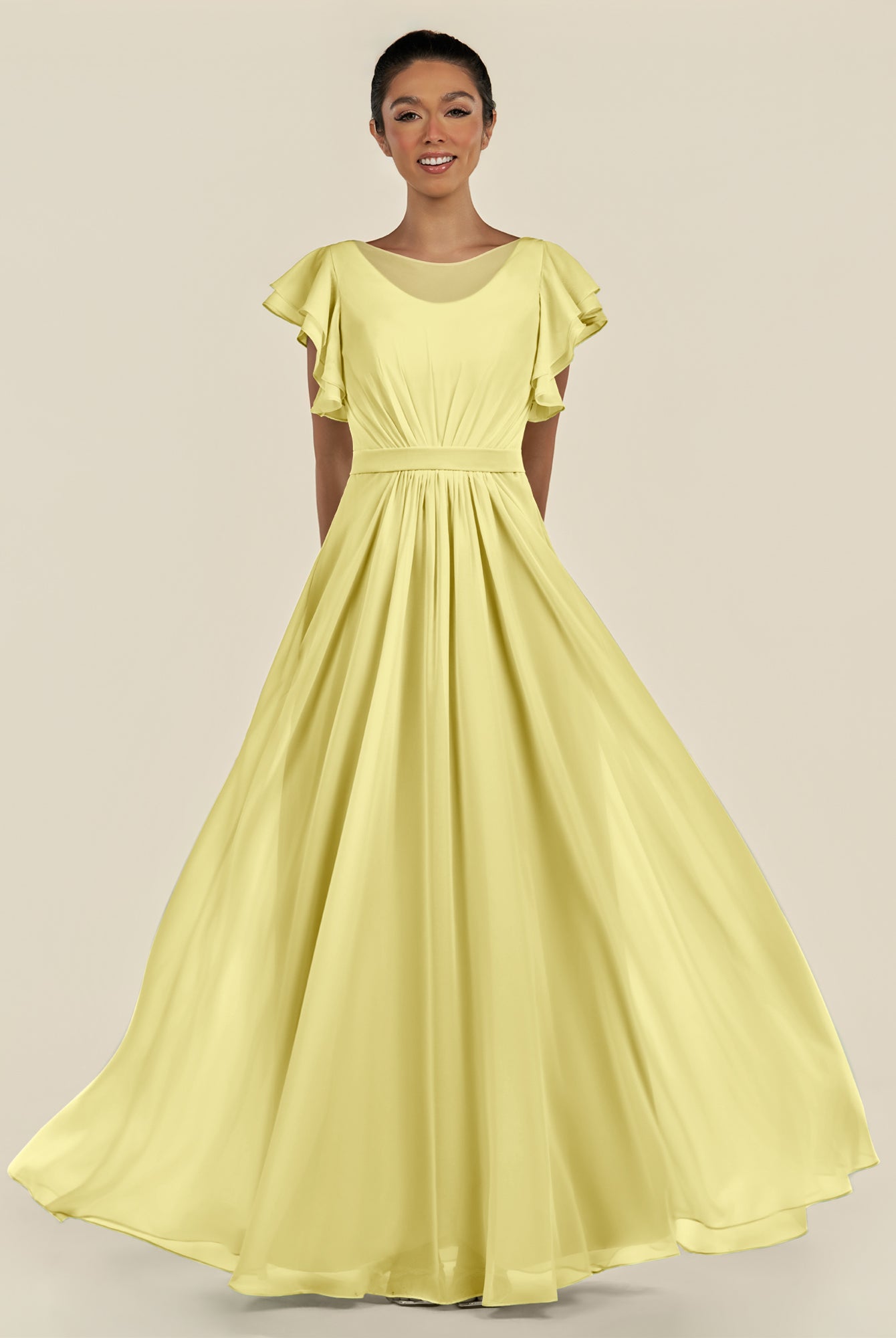 KissDress-Inea Buttercup A Line Chiffon Illusion Scoop Neck Long Bridesmaid Dress with Flutter Sleeves