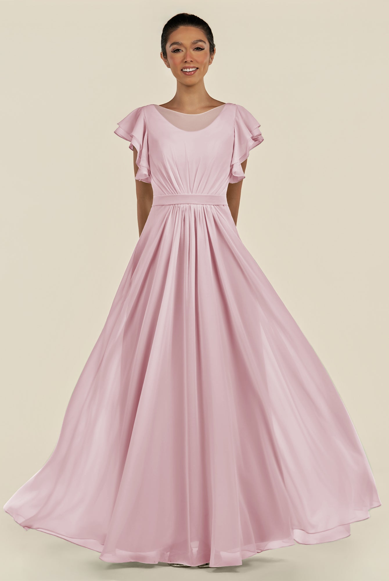 KissDress-Inea Candy Pink A Line Chiffon Illusion Scoop Neck Long Bridesmaid Dress with Flutter Sleeves