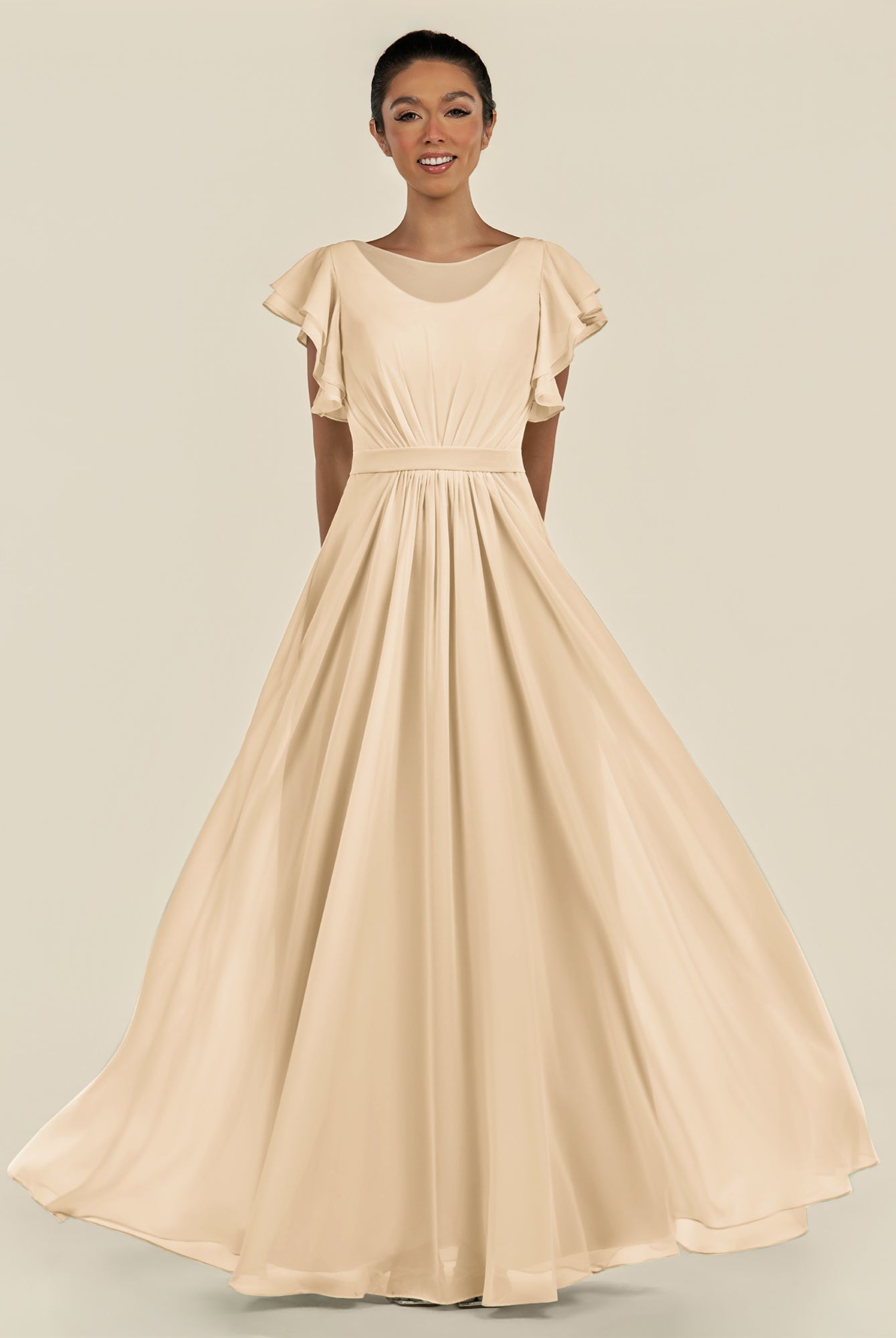 KissDress-Inea Champagne A Line Chiffon Illusion Scoop Neck Long Bridesmaid Dress with Flutter Sleeves