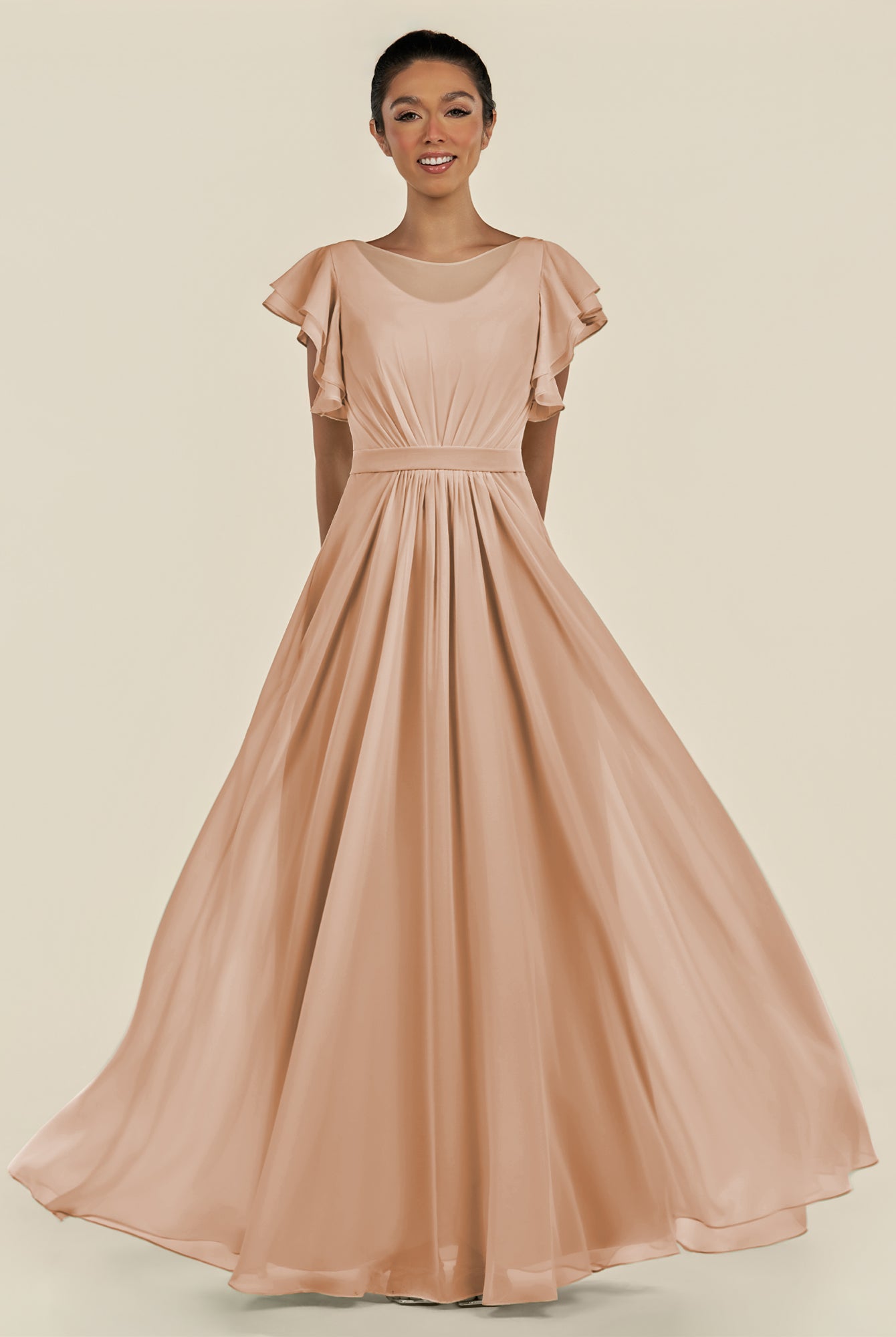 KissDress-Inea Champagne Rose A Line Chiffon Illusion Scoop Neck Long Bridesmaid Dress with Flutter Sleeves