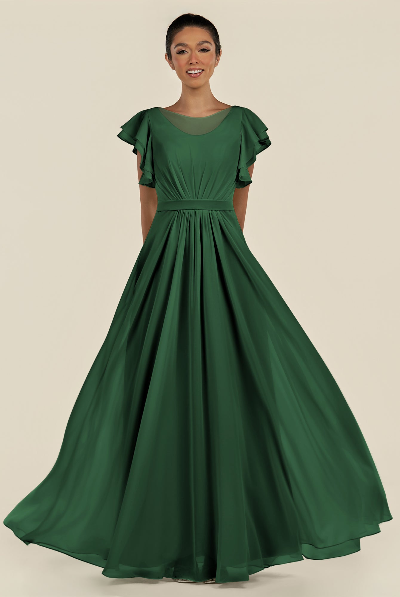 KissDress-Inea Dark Green A Line Chiffon Illusion Scoop Neck Long Bridesmaid Dress with Flutter Sleeves