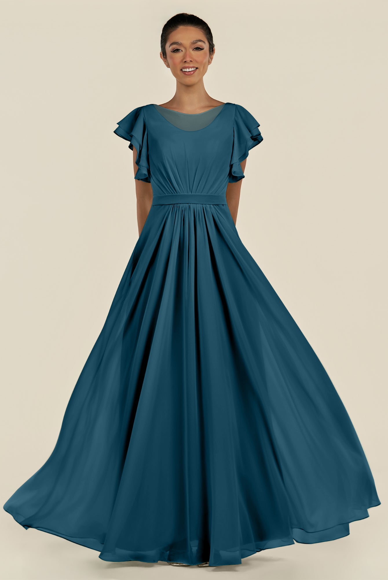 KissDress-Inea Dark Teal A Line Chiffon Illusion Scoop Neck Long Bridesmaid Dress with Flutter Sleeves