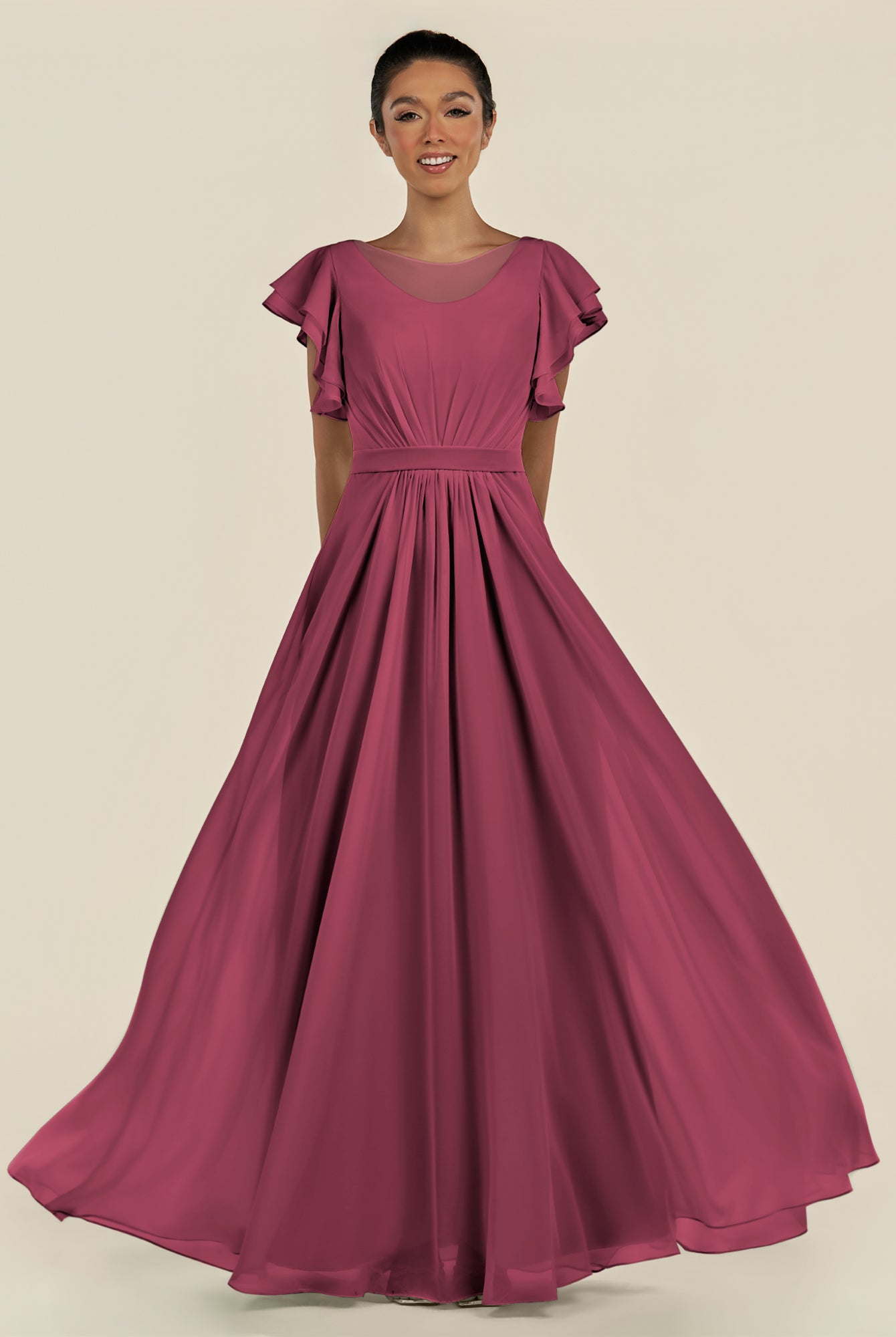 KissDress-Inea Desert Rose A Line Chiffon Illusion Scoop Neck Long Bridesmaid Dress with Flutter Sleeves