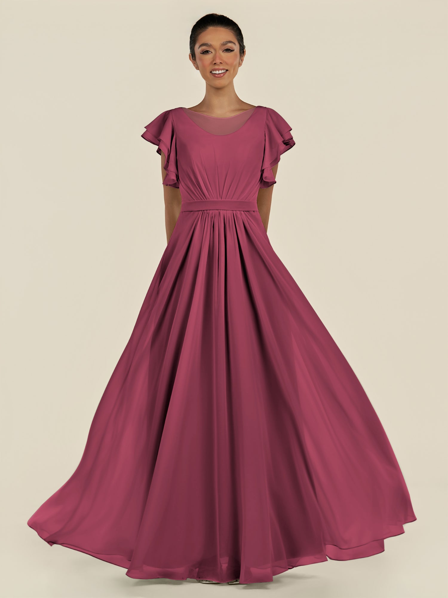 KissDress-Inea Desert Rose A Line Chiffon Illusion Scoop Neck Long Bridesmaid Dress with Flutter Sleeves