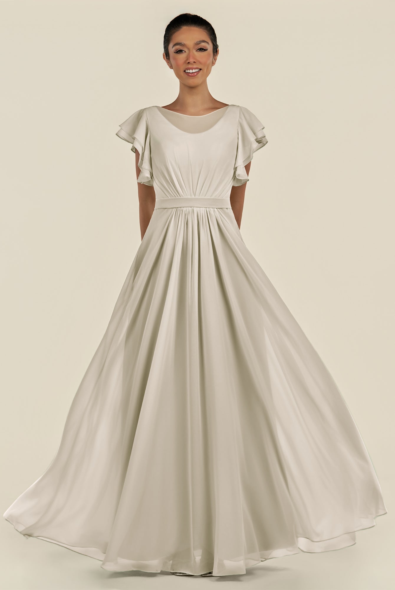 KissDress-Inea Dove Gray A Line Chiffon Illusion Scoop Neck Long Bridesmaid Dress with Flutter Sleeves