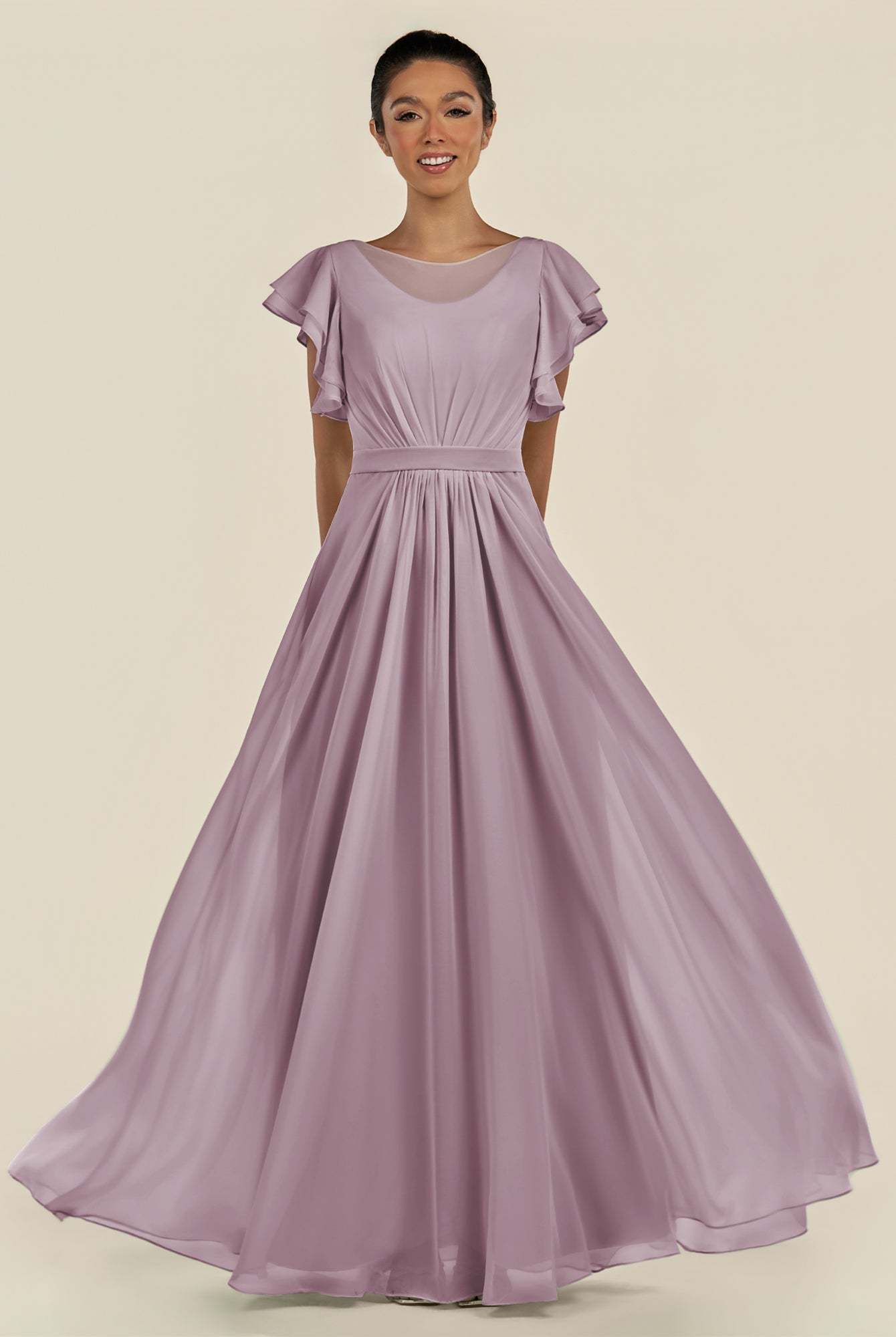 KissDress-Inea Dusk A Line Chiffon Illusion Scoop Neck Long Bridesmaid Dress with Flutter Sleeves