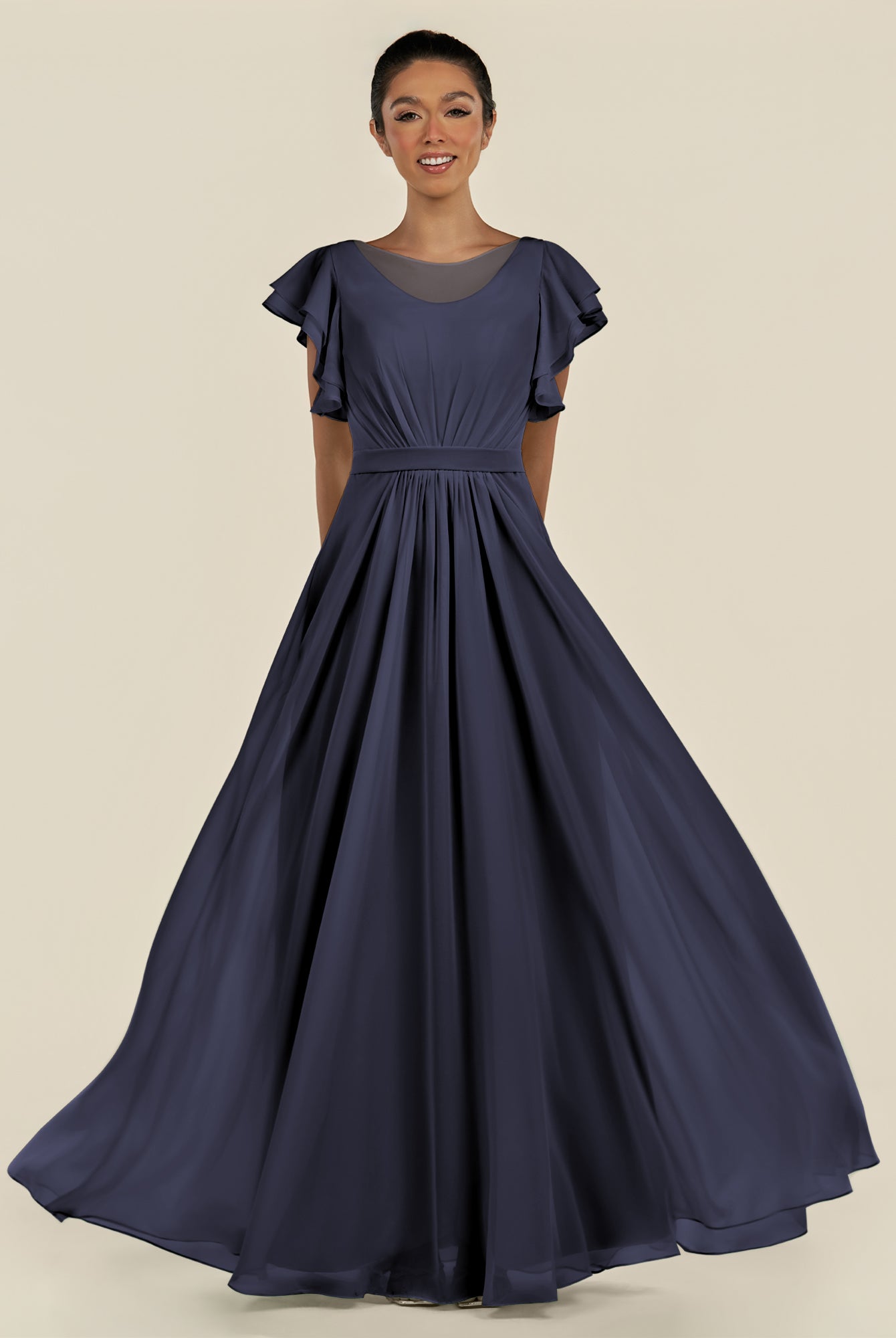 KissDress-Inea Dusk Blue A Line Chiffon Illusion Scoop Neck Long Bridesmaid Dress with Flutter Sleeves