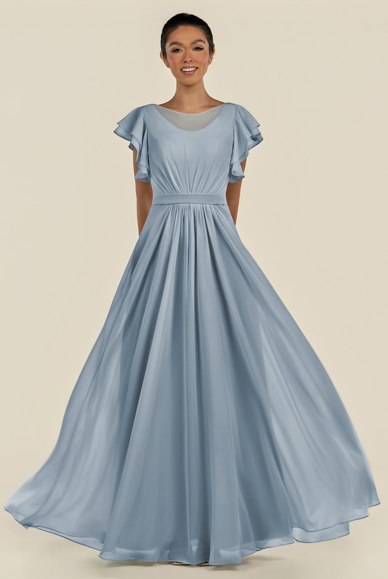 KissDress-Inea Dusty Blue A Line Chiffon Illusion Scoop Neck Long Bridesmaid Dress with Flutter Sleeves