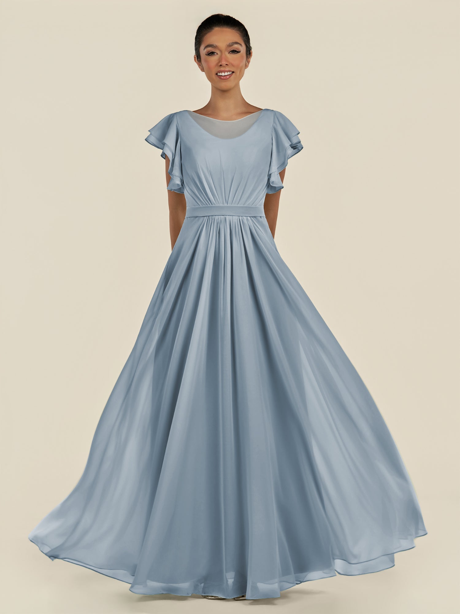 KissDress-Inea Dusty Blue A Line Chiffon Illusion Scoop Neck Long Bridesmaid Dress with Flutter Sleeves