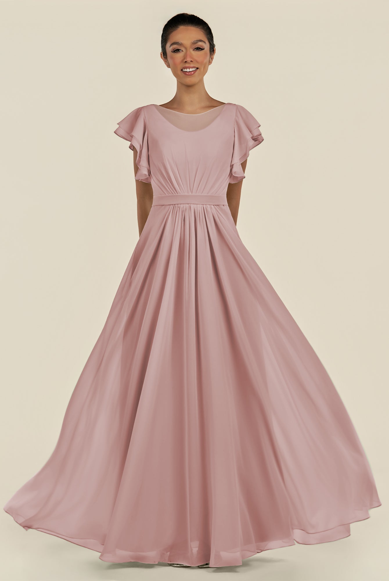 KissDress-Inea Dusty Rose A Line Chiffon Illusion Scoop Neck Long Bridesmaid Dress with Flutter Sleeves