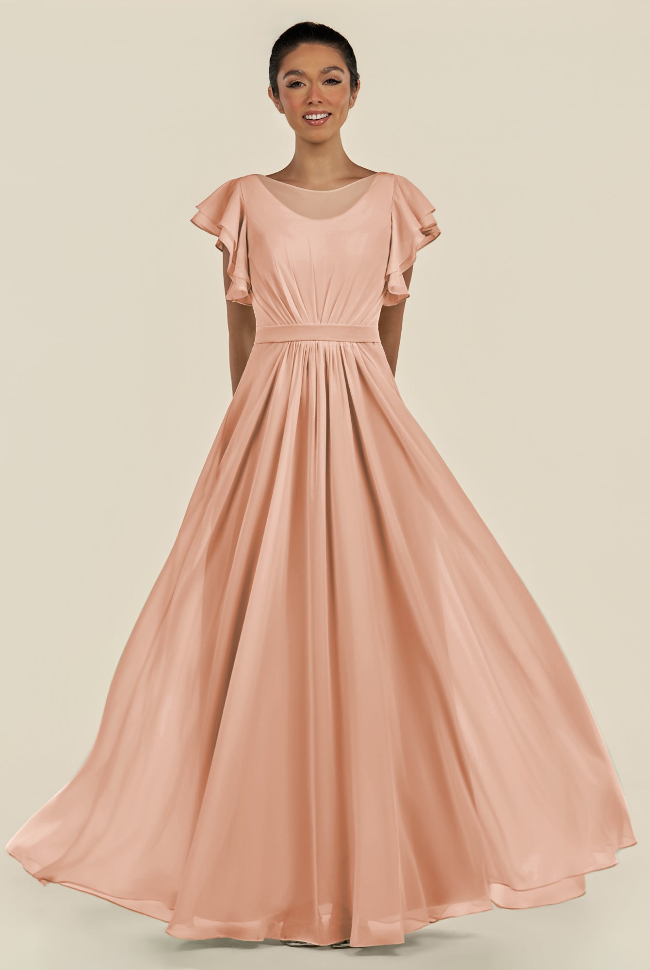 KissDress-Inea English Rose A Line Chiffon Illusion Scoop Neck Long Bridesmaid Dress with Flutter Sleeves