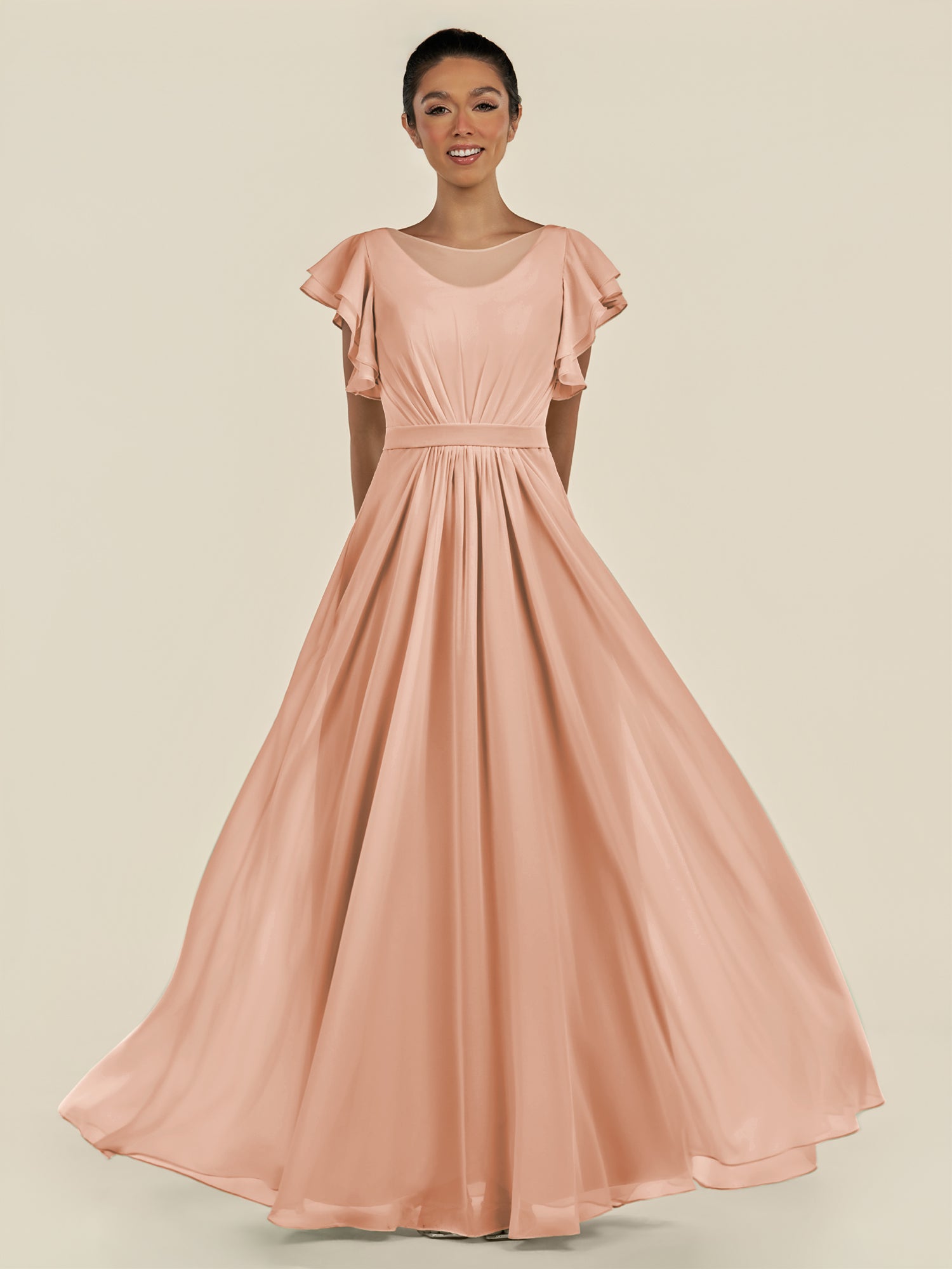 KissDress-Inea English Rose A Line Chiffon Illusion Scoop Neck Long Bridesmaid Dress with Flutter Sleeves