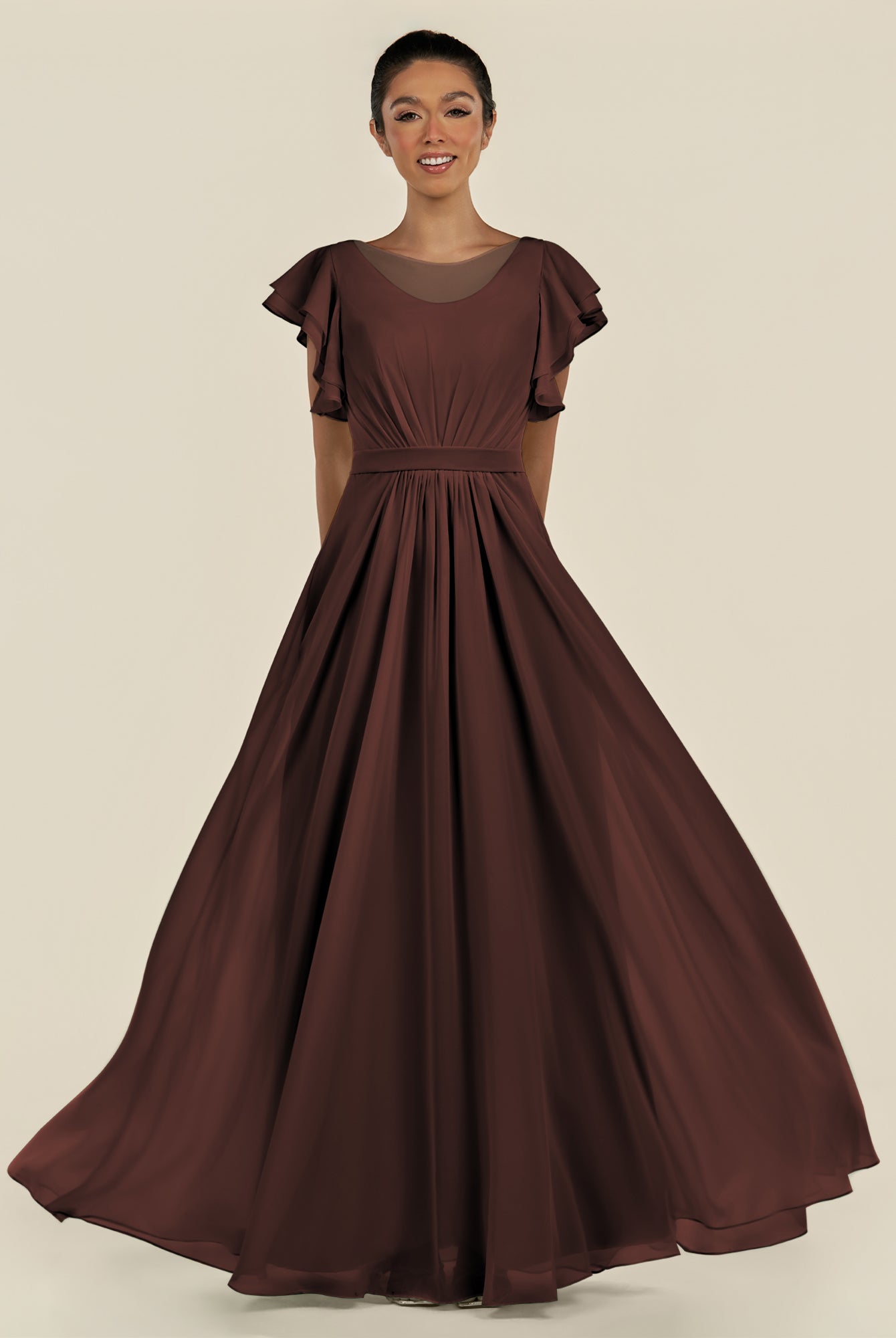 KissDress-Inea Espresso A Line Chiffon Illusion Scoop Neck Long Bridesmaid Dress with Flutter Sleeves