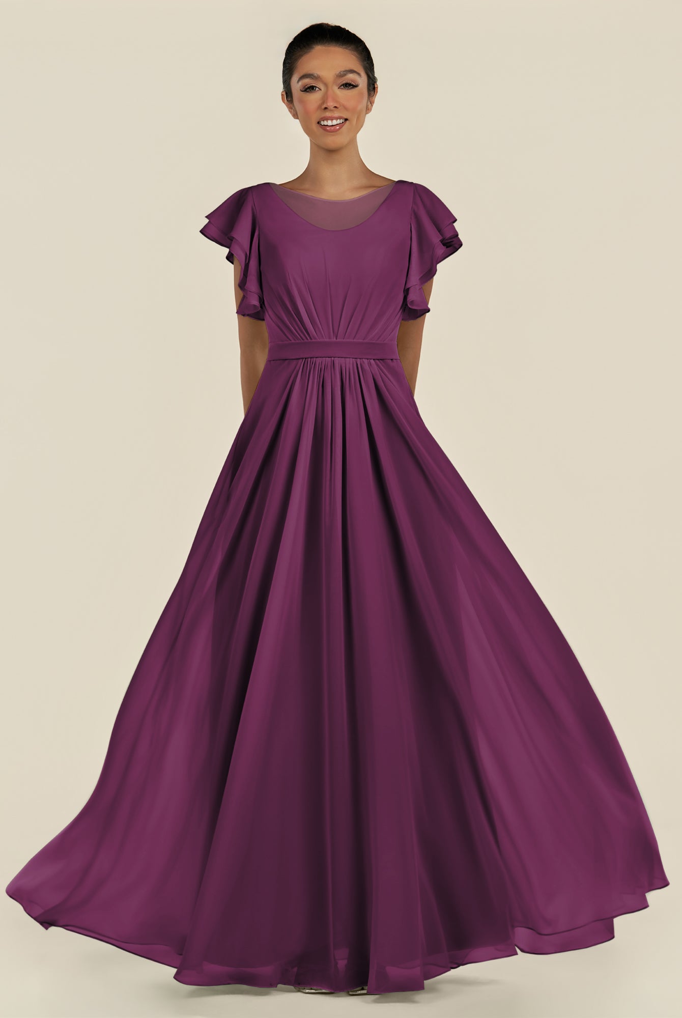KissDress-Inea Fig A Line Chiffon Illusion Scoop Neck Long Bridesmaid Dress with Flutter Sleeves