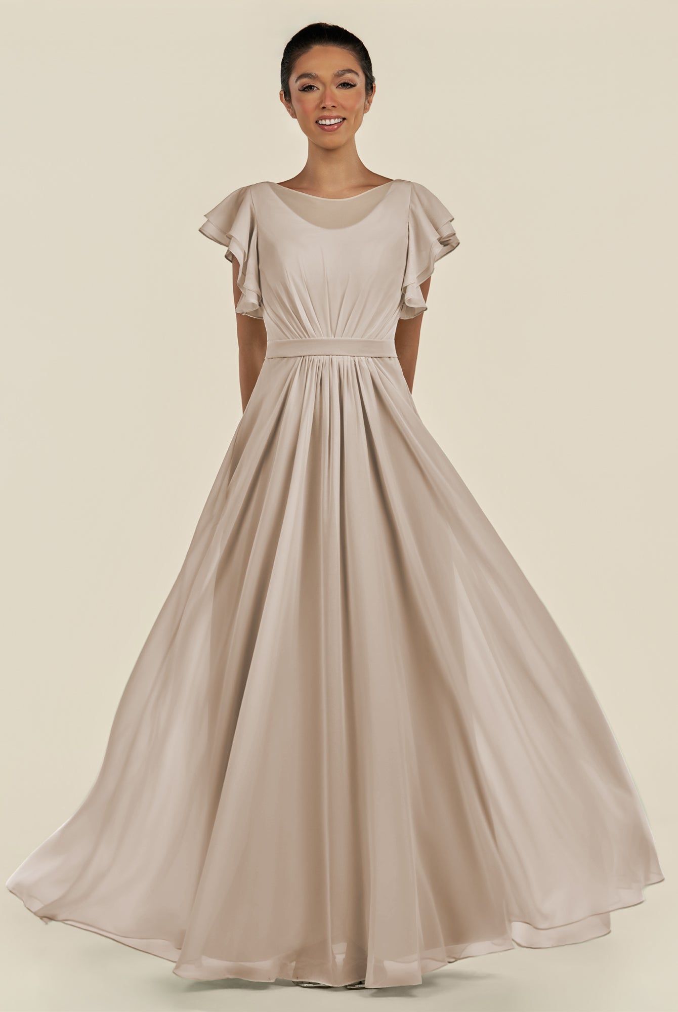 KissDress-Inea Frost A Line Chiffon Illusion Scoop Neck Long Bridesmaid Dress with Flutter Sleeves