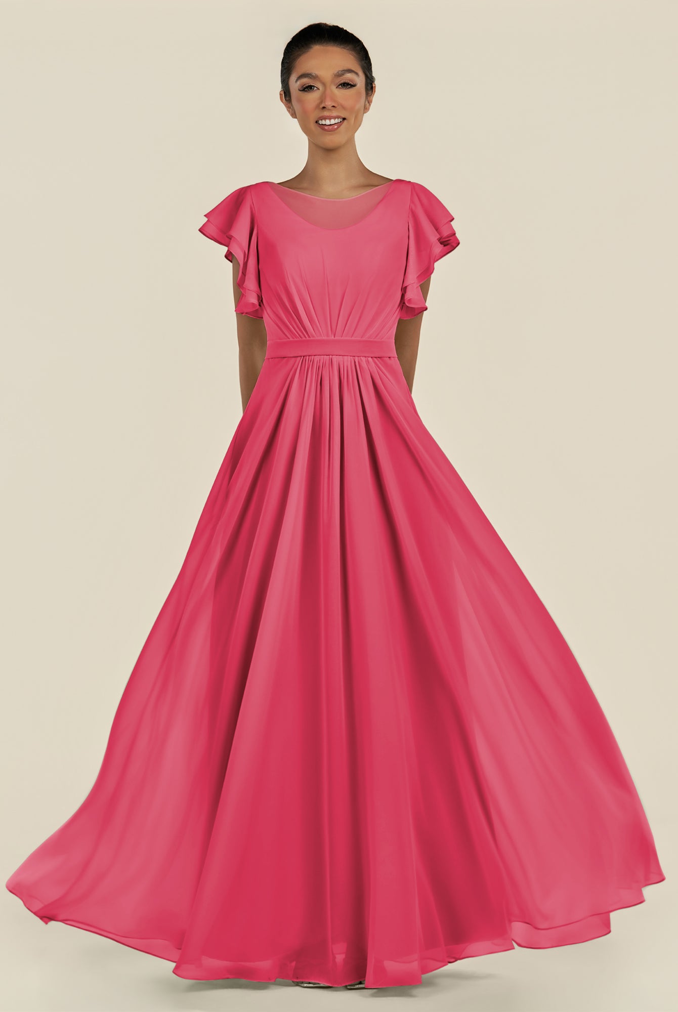 KissDress-Inea Fuchsia A Line Chiffon Illusion Scoop Neck Long Bridesmaid Dress with Flutter Sleeves