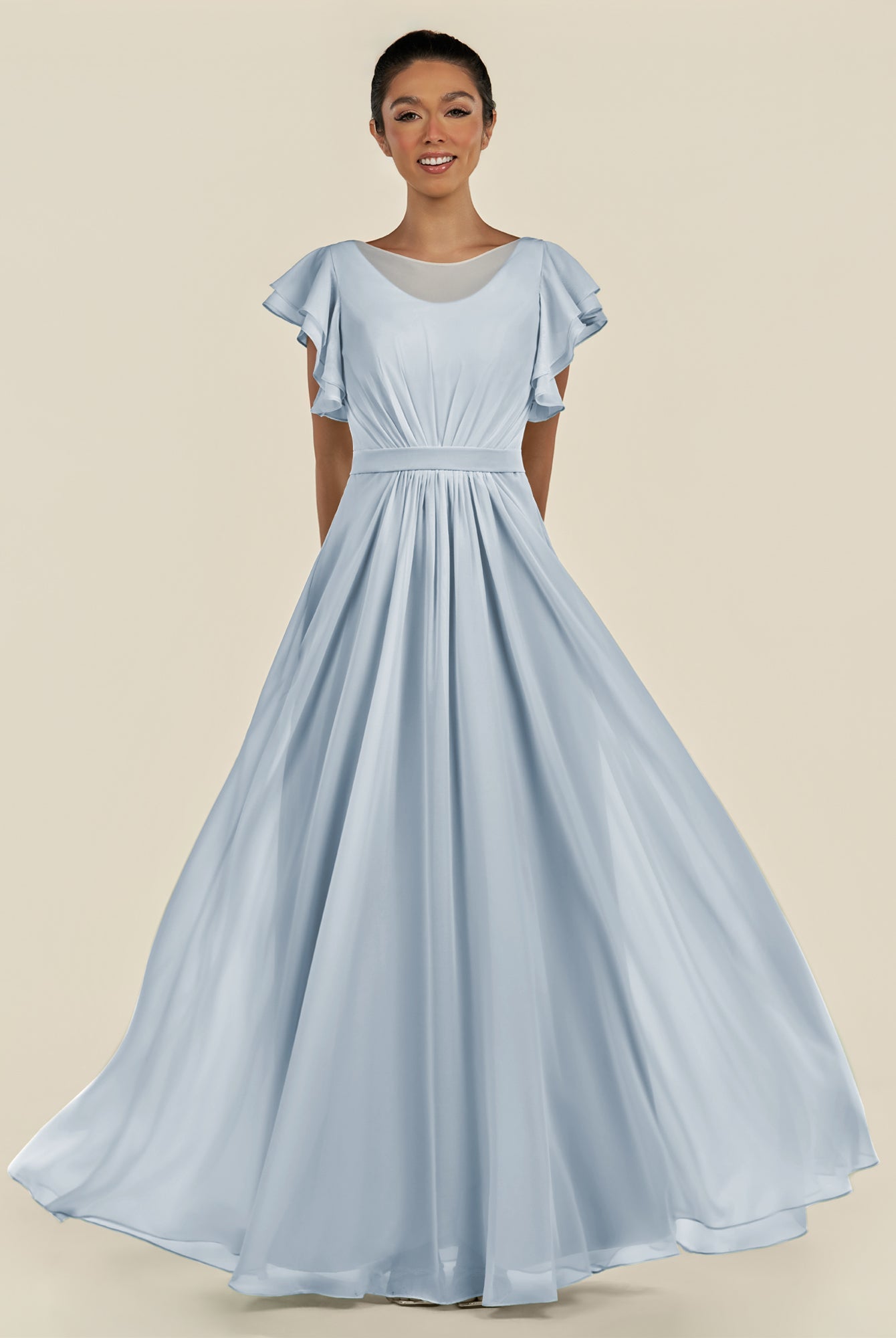 KissDress-Inea Ice A Line Chiffon Illusion Scoop Neck Long Bridesmaid Dress with Flutter Sleeves