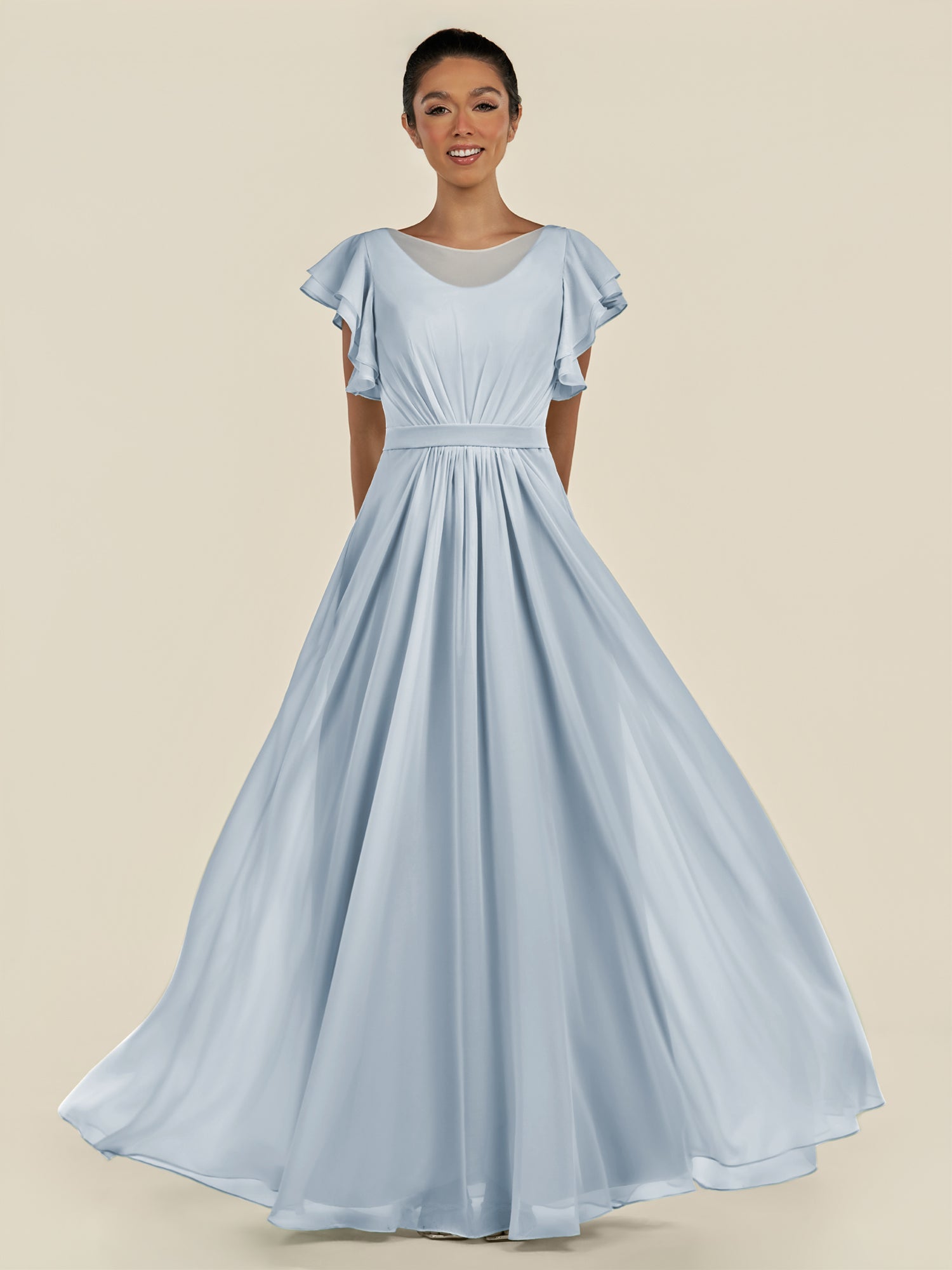 KissDress-Inea Ice A Line Chiffon Illusion Scoop Neck Long Bridesmaid Dress with Flutter Sleeves