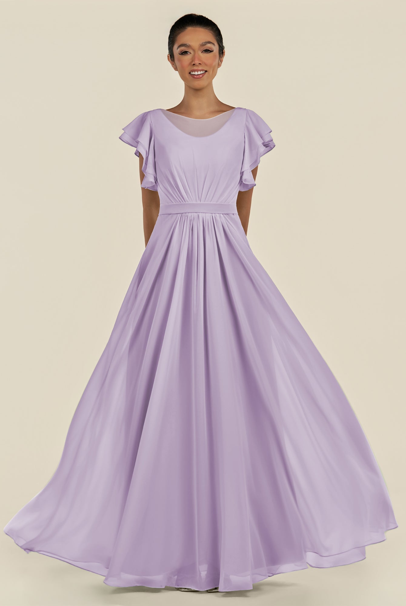 KissDress-Inea Lavender A Line Chiffon Illusion Scoop Neck Long Bridesmaid Dress with Flutter Sleeves