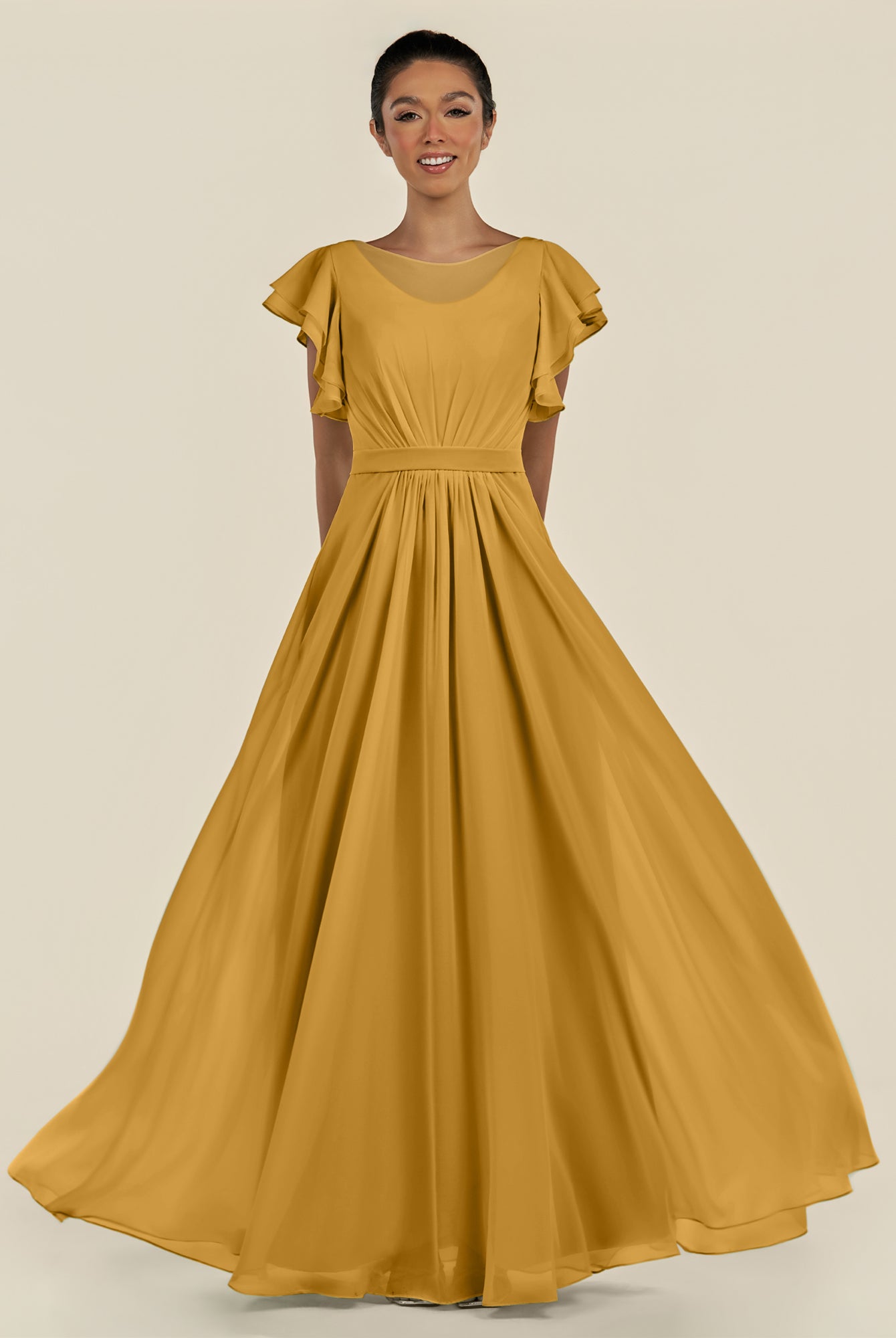KissDress-Inea Marigold A Line Chiffon Illusion Scoop Neck Long Bridesmaid Dress with Flutter Sleeves