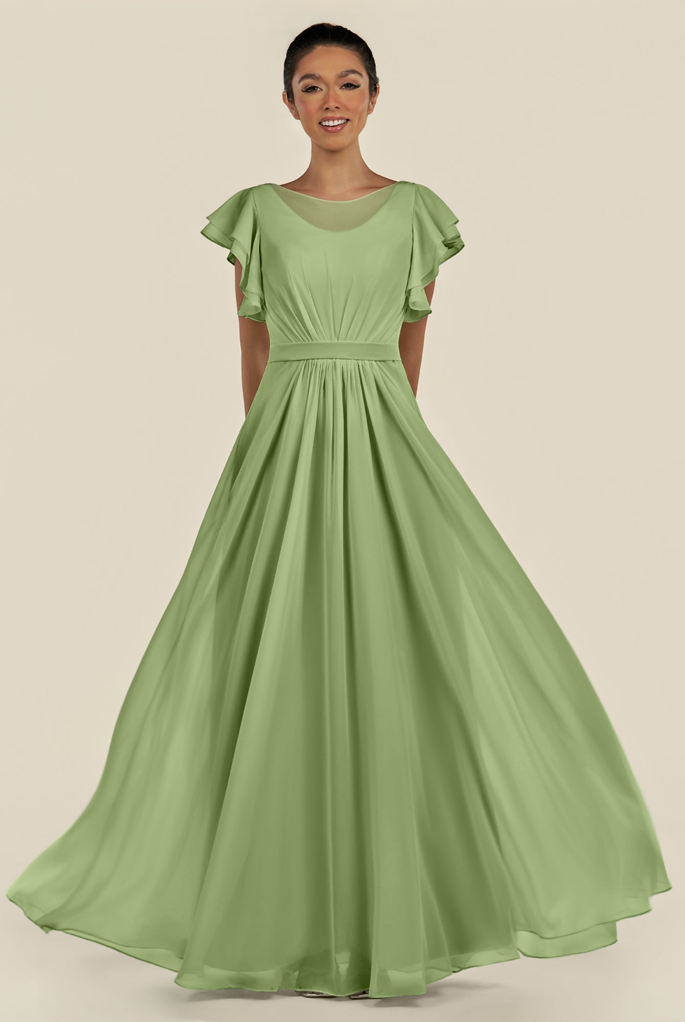 KissDress-Inea Matcha A Line Chiffon Illusion Scoop Neck Long Bridesmaid Dress with Flutter Sleeves