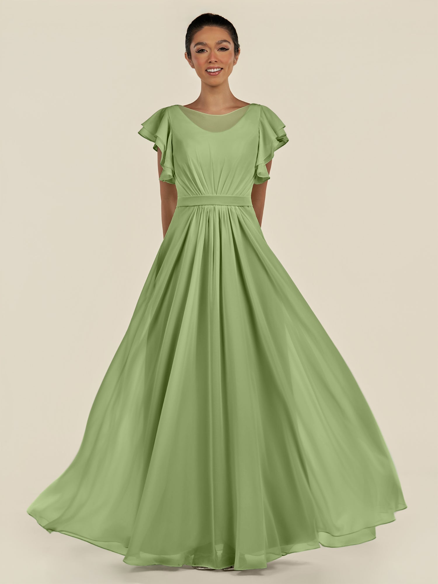KissDress-Inea Matcha A Line Chiffon Illusion Scoop Neck Long Bridesmaid Dress with Flutter Sleeves