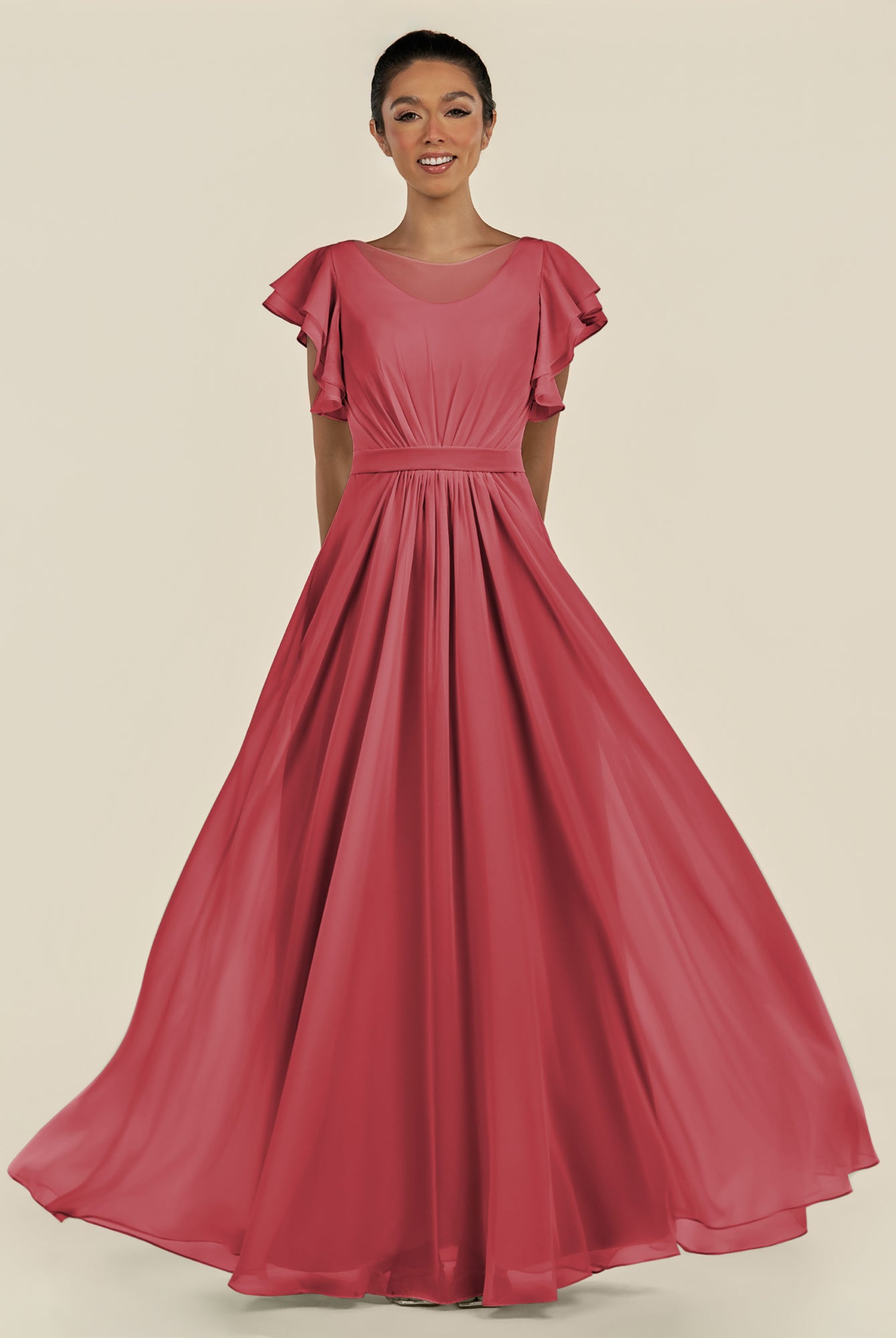 KissDress-Inea Merlot A Line Chiffon Illusion Scoop Neck Long Bridesmaid Dress with Flutter Sleeves
