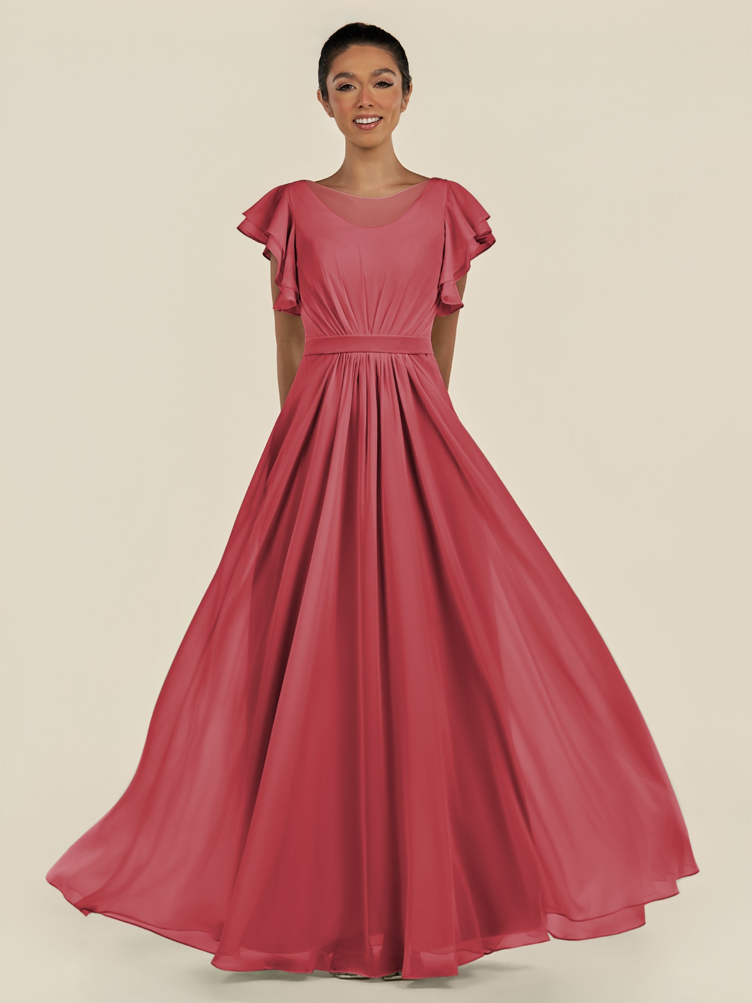 KissDress-Inea Merlot A Line Chiffon Illusion Scoop Neck Long Bridesmaid Dress with Flutter Sleeves