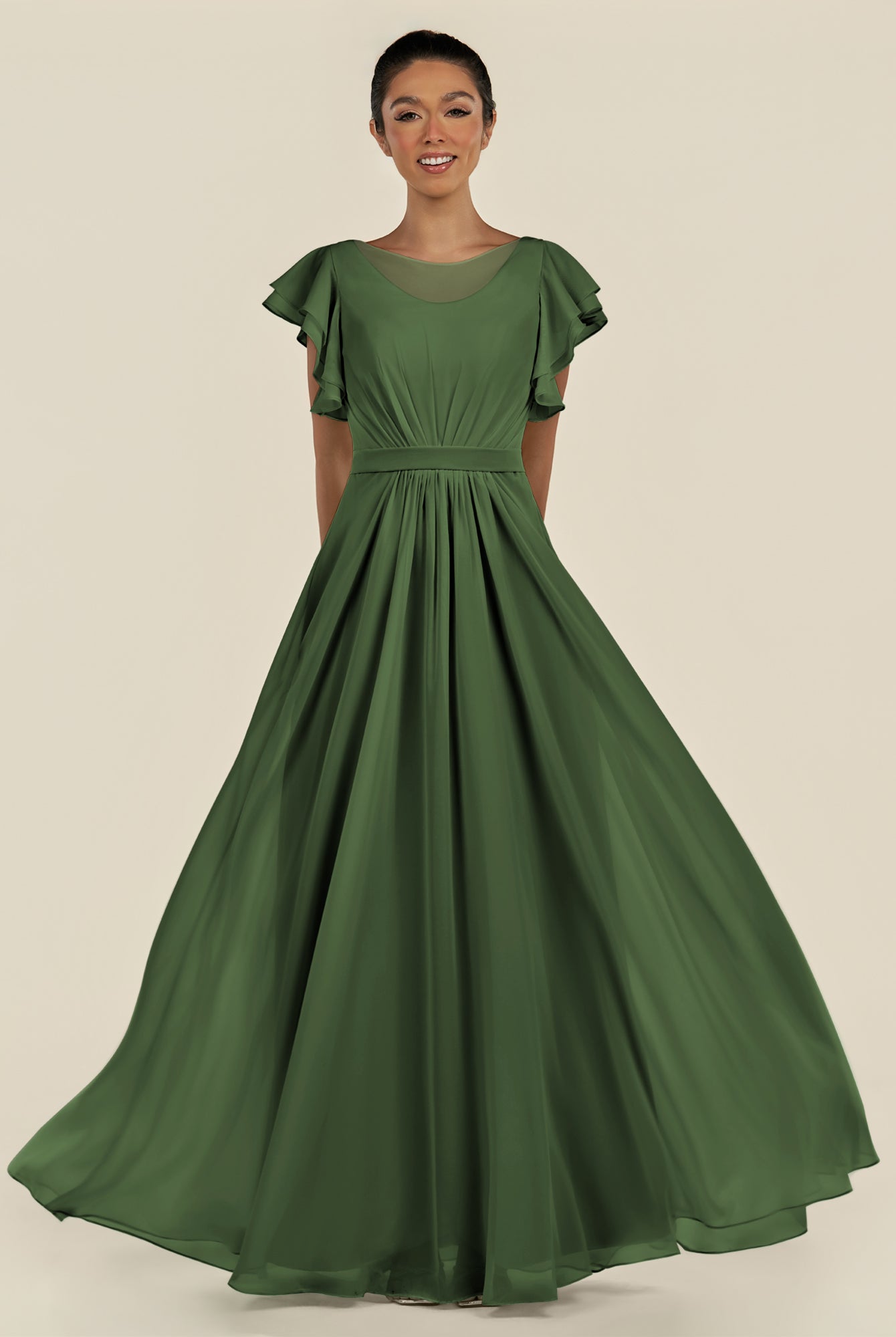 KissDress-Inea Moss A Line Chiffon Illusion Scoop Neck Long Bridesmaid Dress with Flutter Sleeves