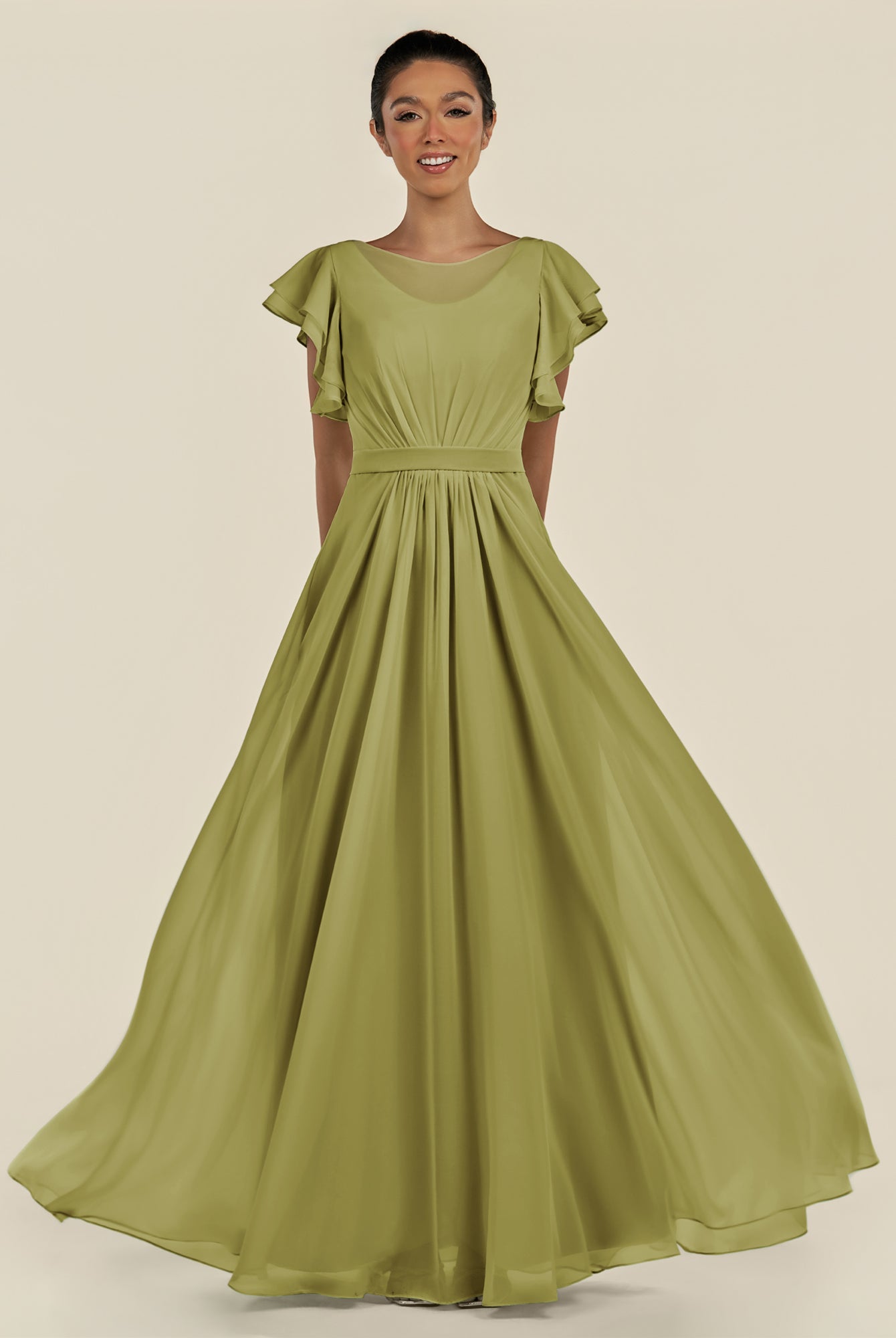 KissDress-Inea Moss Green A Line Chiffon Illusion Scoop Neck Long Bridesmaid Dress with Flutter Sleeves