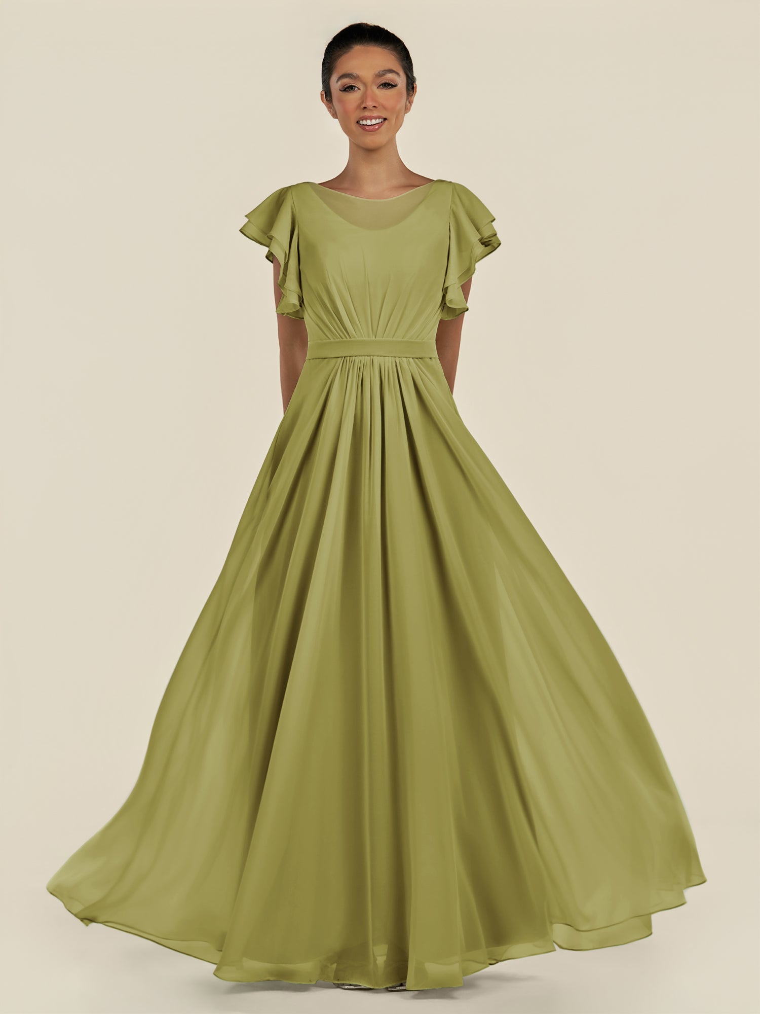 KissDress-Inea Moss Green A Line Chiffon Illusion Scoop Neck Long Bridesmaid Dress with Flutter Sleeves