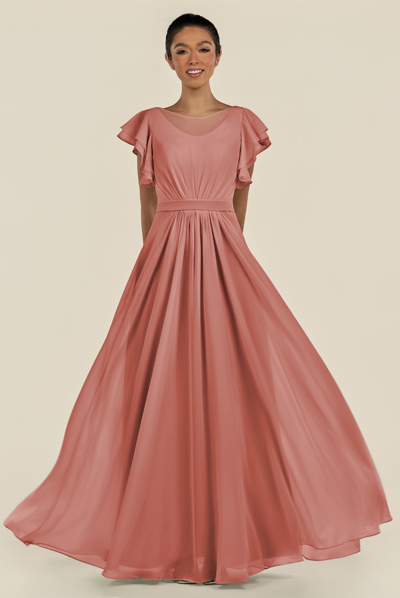 KissDress-Inea Mulberry A Line Chiffon Illusion Scoop Neck Long Bridesmaid Dress with Flutter Sleeves