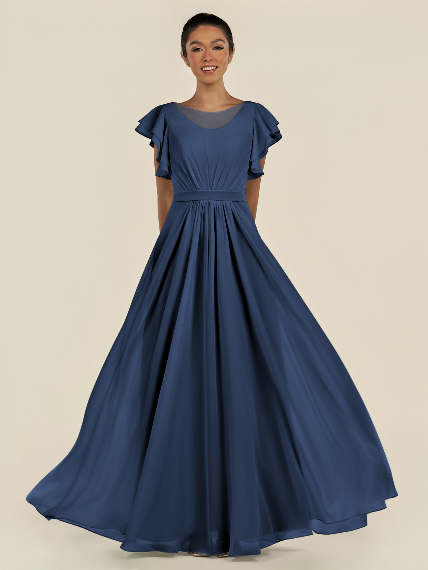 KissDress-Inea Navy A Line Chiffon Illusion Scoop Neck Long Bridesmaid Dress with Flutter Sleeves