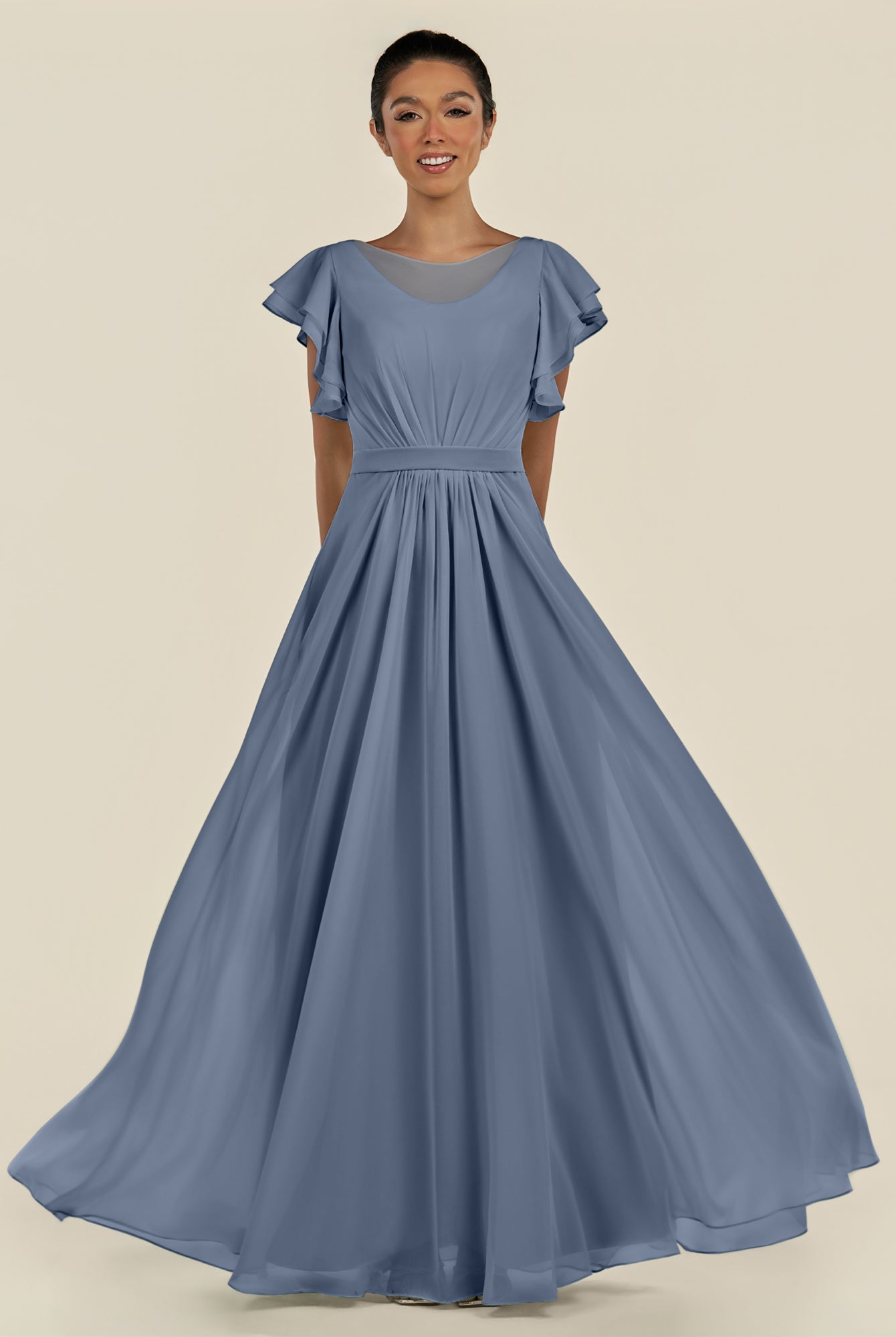 KissDress-Inea Neptune A Line Chiffon Illusion Scoop Neck Long Bridesmaid Dress with Flutter Sleeves