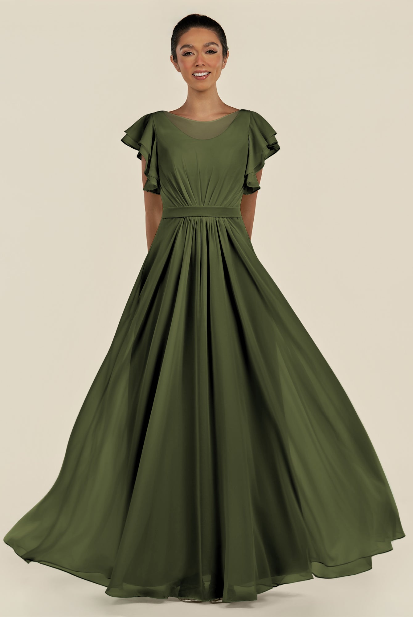 KissDress-Inea Olive A Line Chiffon Illusion Scoop Neck Long Bridesmaid Dress with Flutter Sleeves