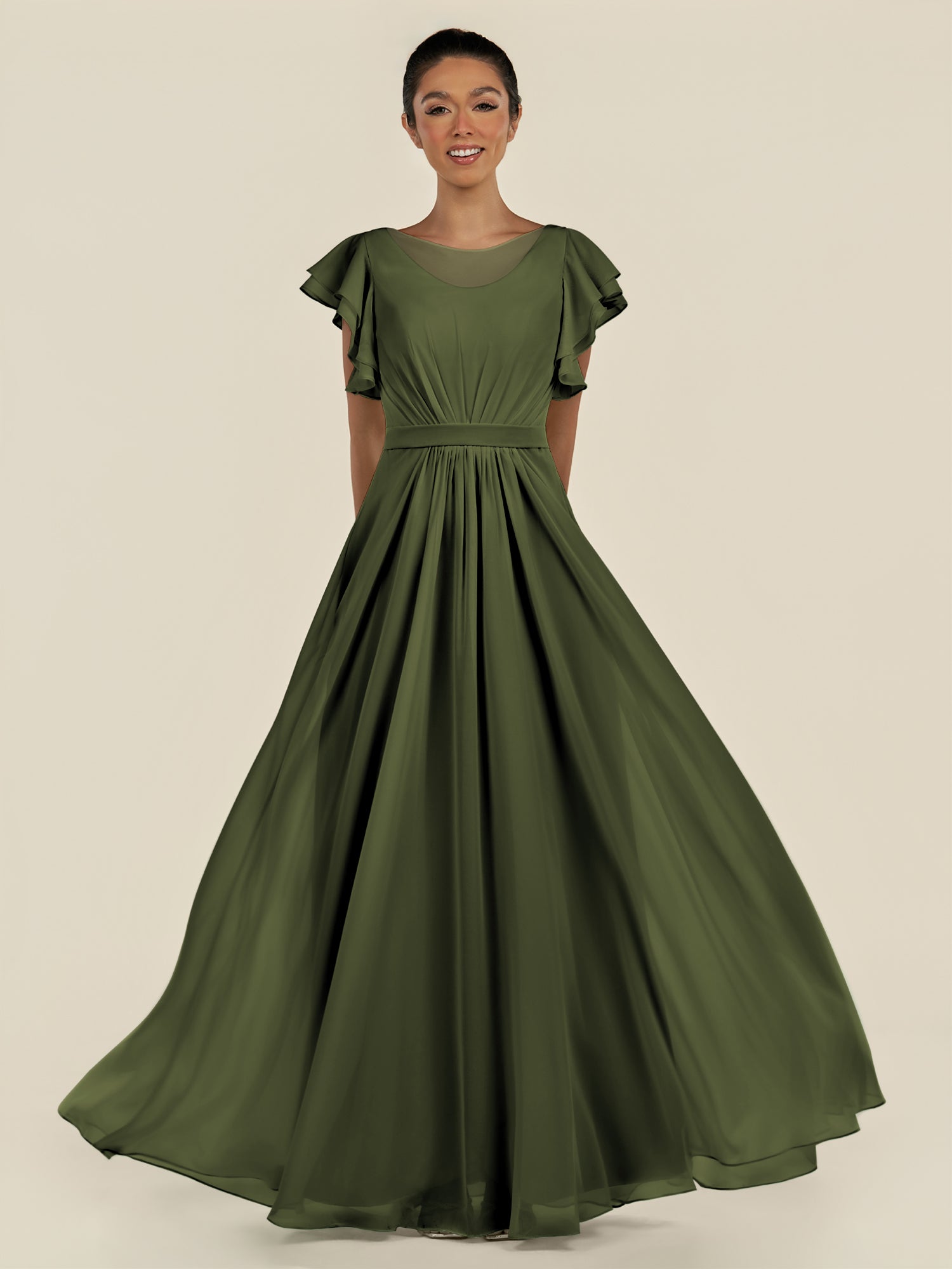 KissDress-Inea Olive A Line Chiffon Illusion Scoop Neck Long Bridesmaid Dress with Flutter Sleeves
