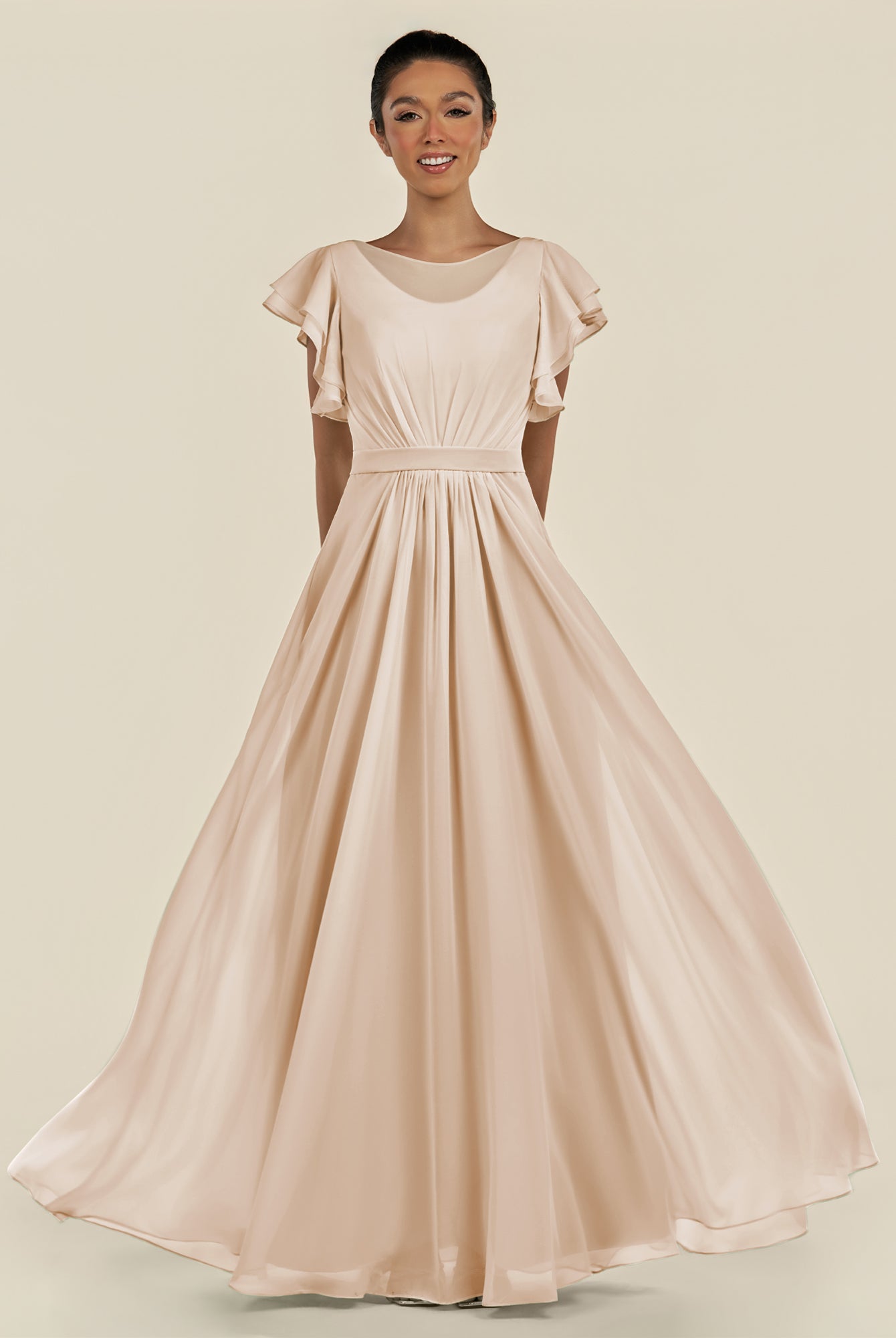 KissDress-Inea Pale Blush A Line Chiffon Illusion Scoop Neck Long Bridesmaid Dress with Flutter Sleeves