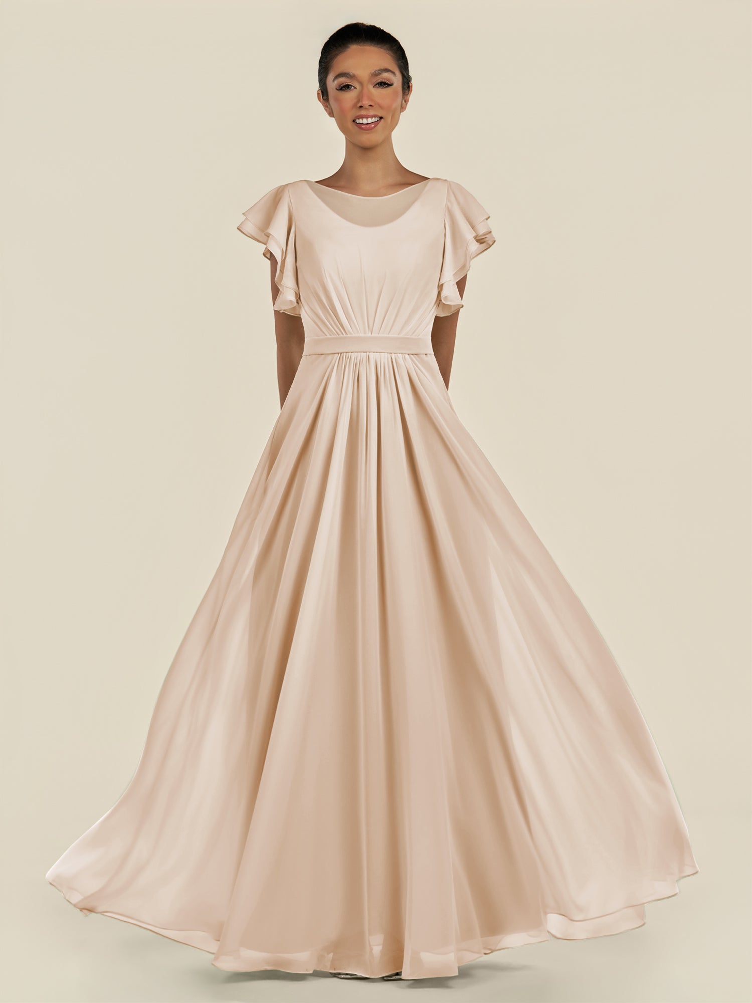 KissDress-Inea Pale Blush A Line Chiffon Illusion Scoop Neck Long Bridesmaid Dress with Flutter Sleeves