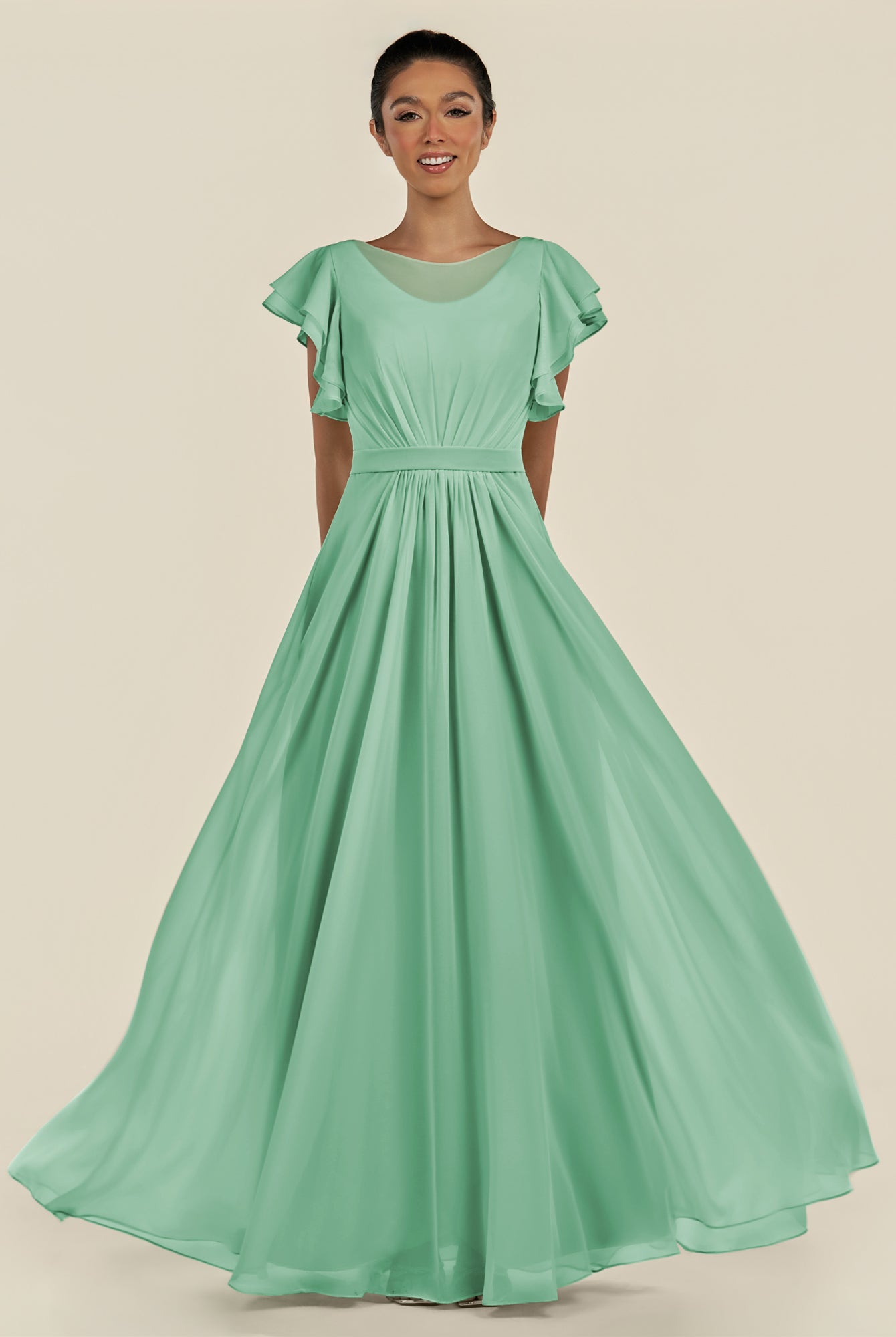 KissDress-Inea Pale Pistachio A Line Chiffon Illusion Scoop Neck Long Bridesmaid Dress with Flutter Sleeves