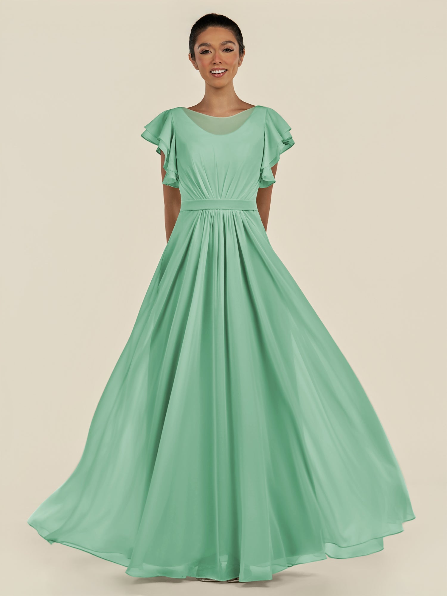 KissDress-Inea Pale Pistachio A Line Chiffon Illusion Scoop Neck Long Bridesmaid Dress with Flutter Sleeves
