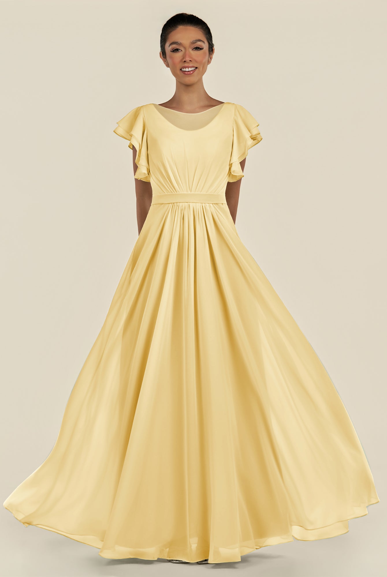 KissDress-Inea Pastel Yellow A Line Chiffon Illusion Scoop Neck Long Bridesmaid Dress with Flutter Sleeves