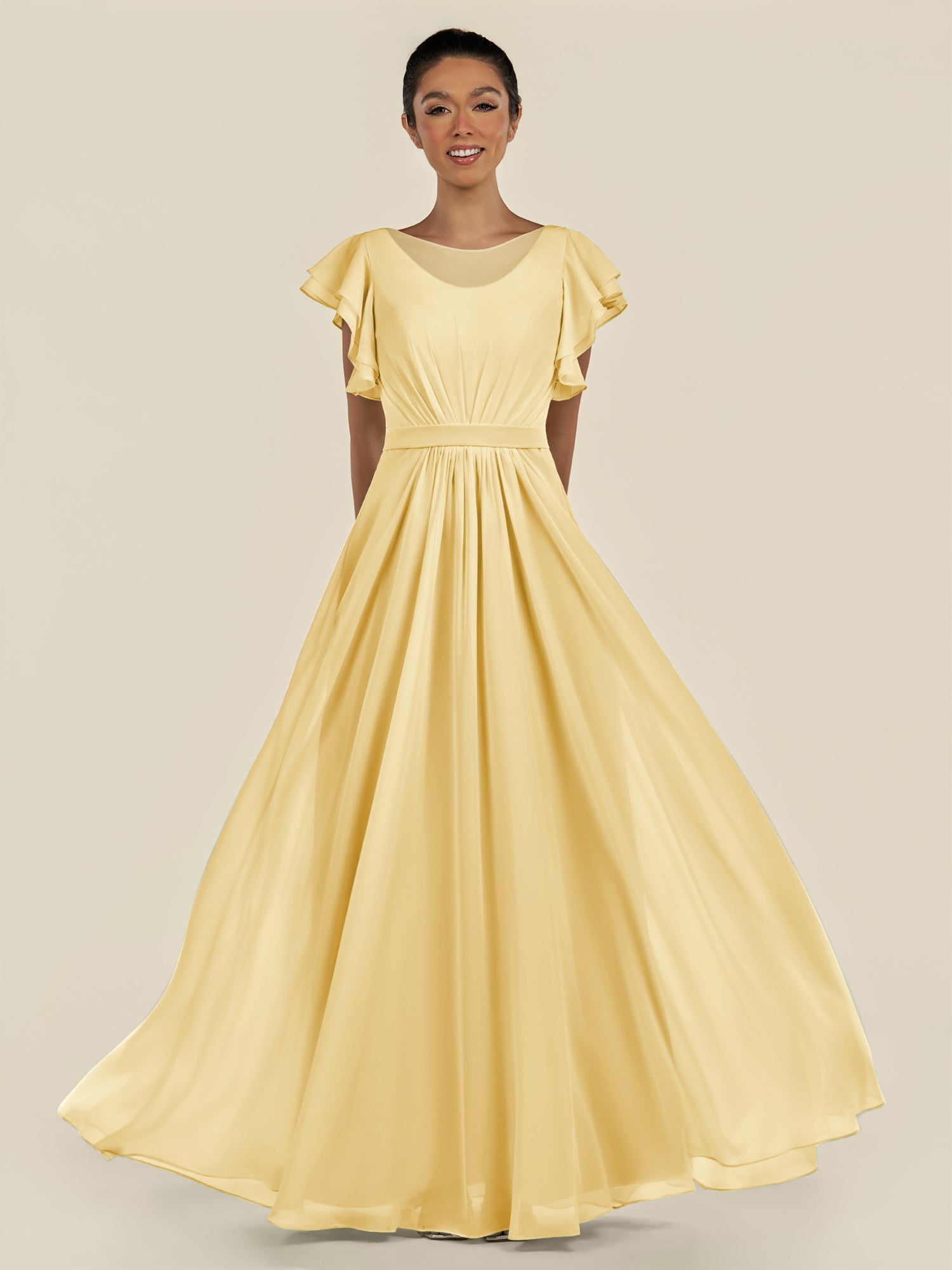 KissDress-Inea Pastel Yellow A Line Chiffon Illusion Scoop Neck Long Bridesmaid Dress with Flutter Sleeves