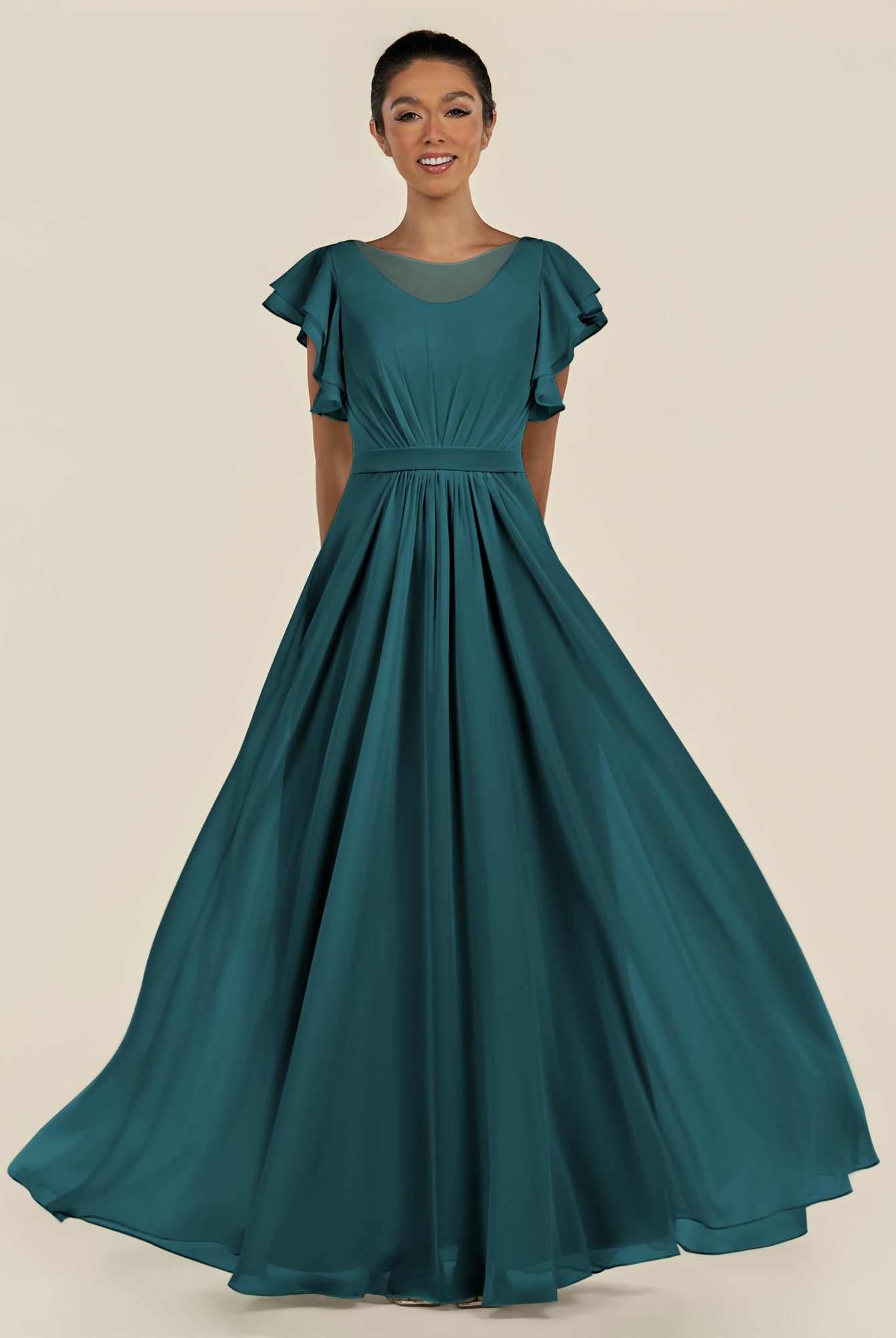 KissDress-Inea Pine A Line Chiffon Illusion Scoop Neck Long Bridesmaid Dress with Flutter Sleeves