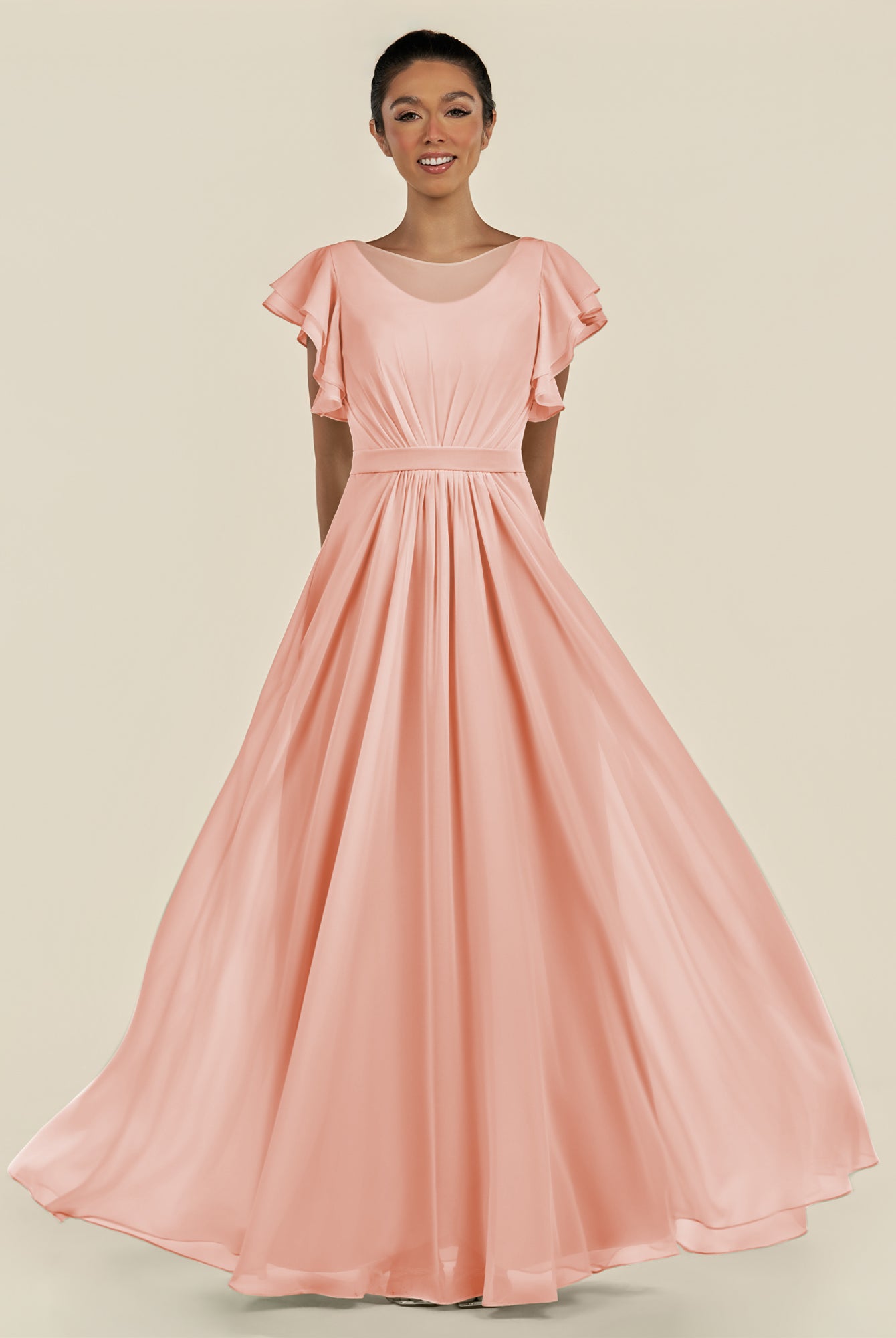 KissDress-Inea Rose Petal A Line Chiffon Illusion Scoop Neck Long Bridesmaid Dress with Flutter Sleeves