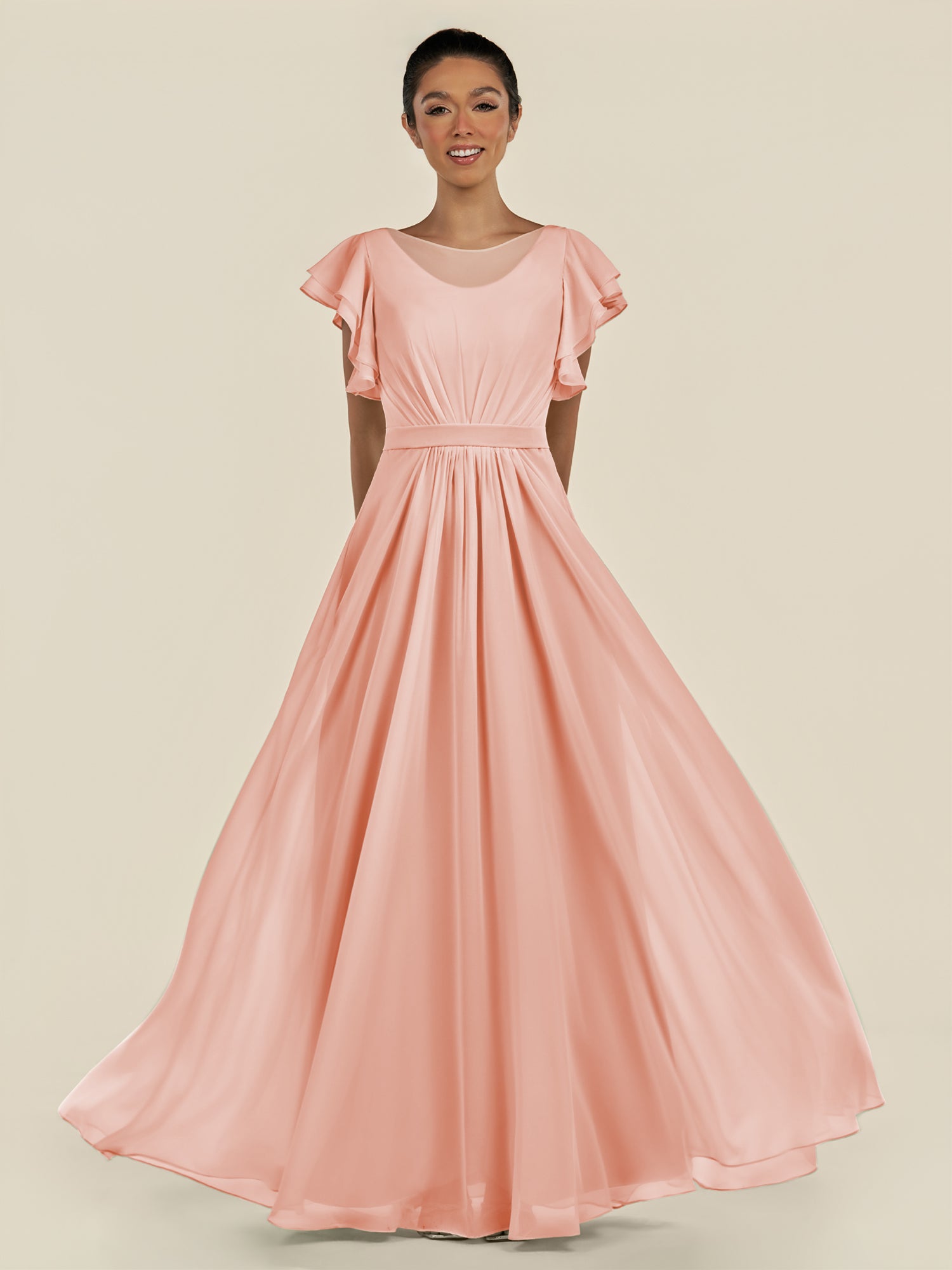 KissDress-Inea Rose Petal A Line Chiffon Illusion Scoop Neck Long Bridesmaid Dress with Flutter Sleeves
