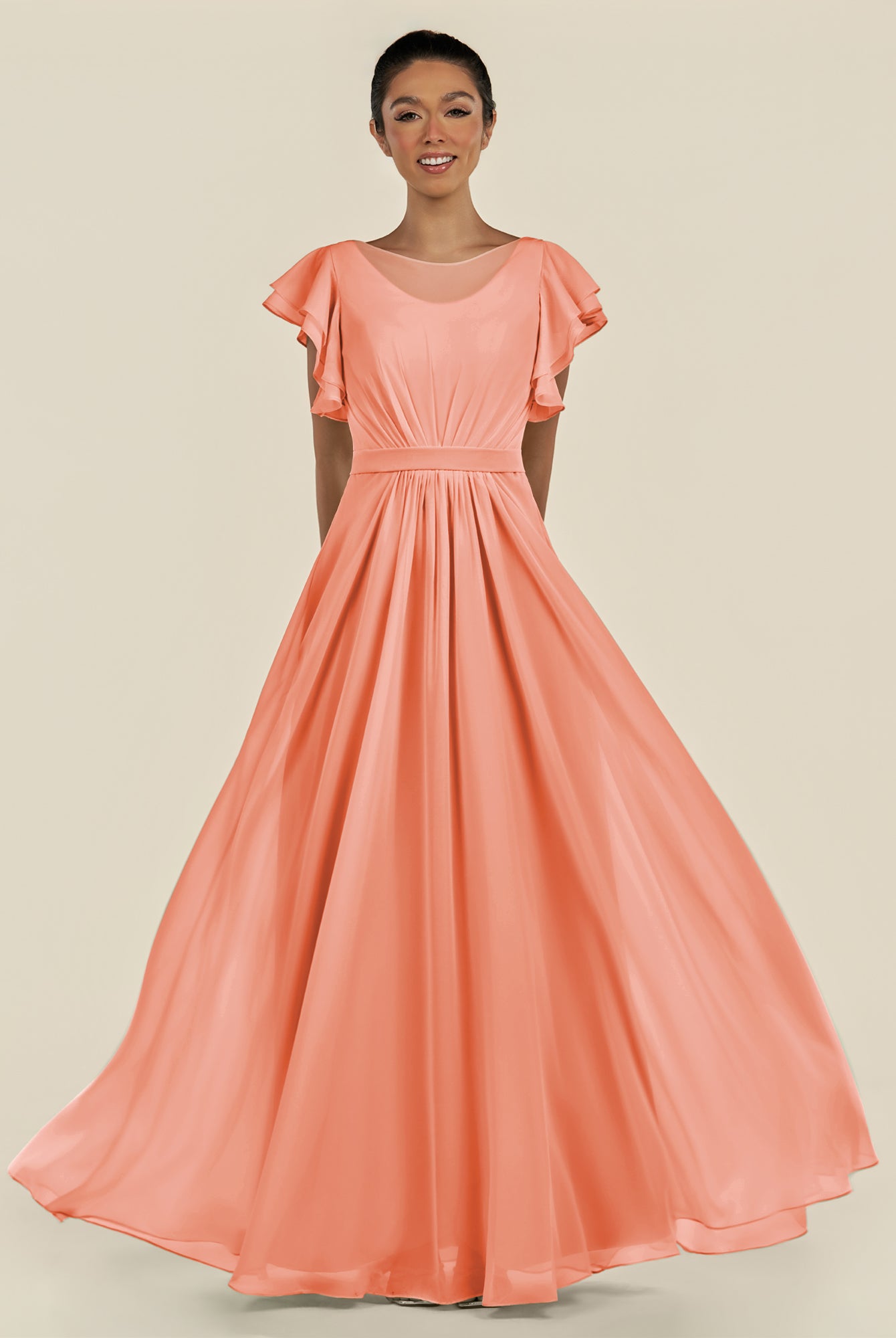 KissDress-Inea Rosette A Line Chiffon Illusion Scoop Neck Long Bridesmaid Dress with Flutter Sleeves