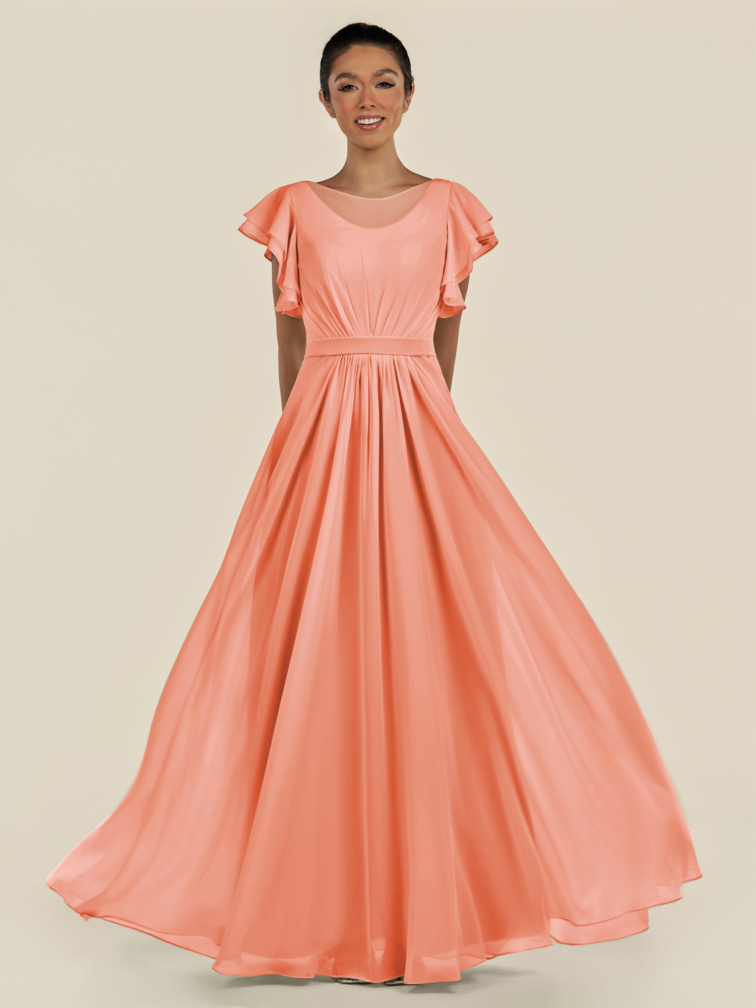 KissDress-Inea Rosette A Line Chiffon Illusion Scoop Neck Long Bridesmaid Dress with Flutter Sleeves