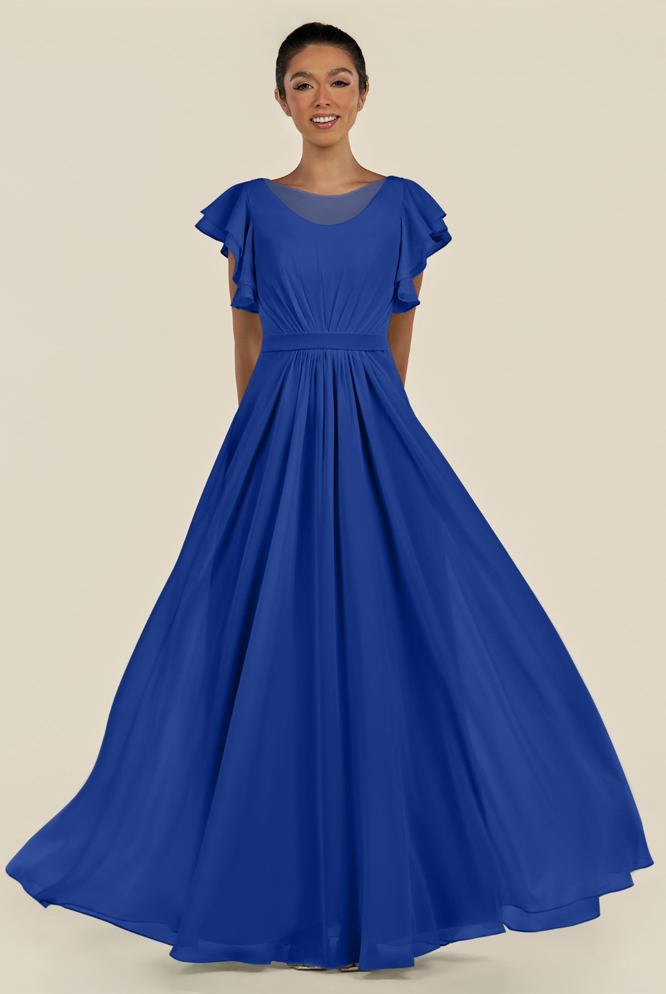 KissDress-Inea Royal Blue A Line Chiffon Illusion Scoop Neck Long Bridesmaid Dress with Flutter Sleeves