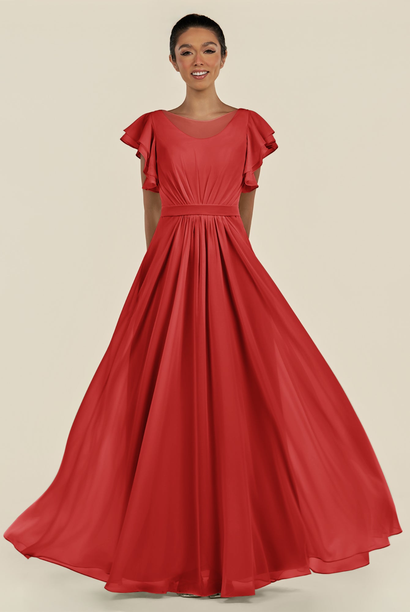 KissDress-Inea Ruby Red A Line Chiffon Illusion Scoop Neck Long Bridesmaid Dress with Flutter Sleeves