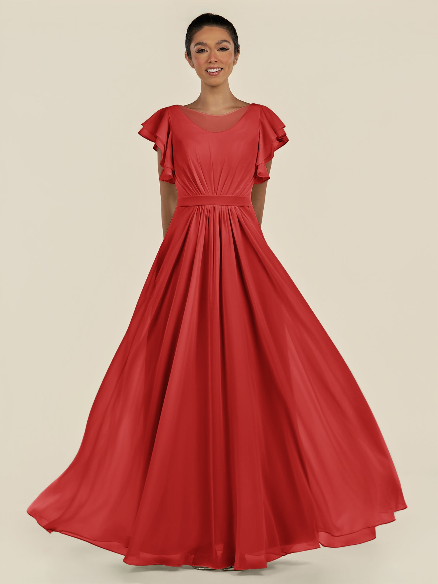 KissDress-Inea Ruby Red A Line Chiffon Illusion Scoop Neck Long Bridesmaid Dress with Flutter Sleeves